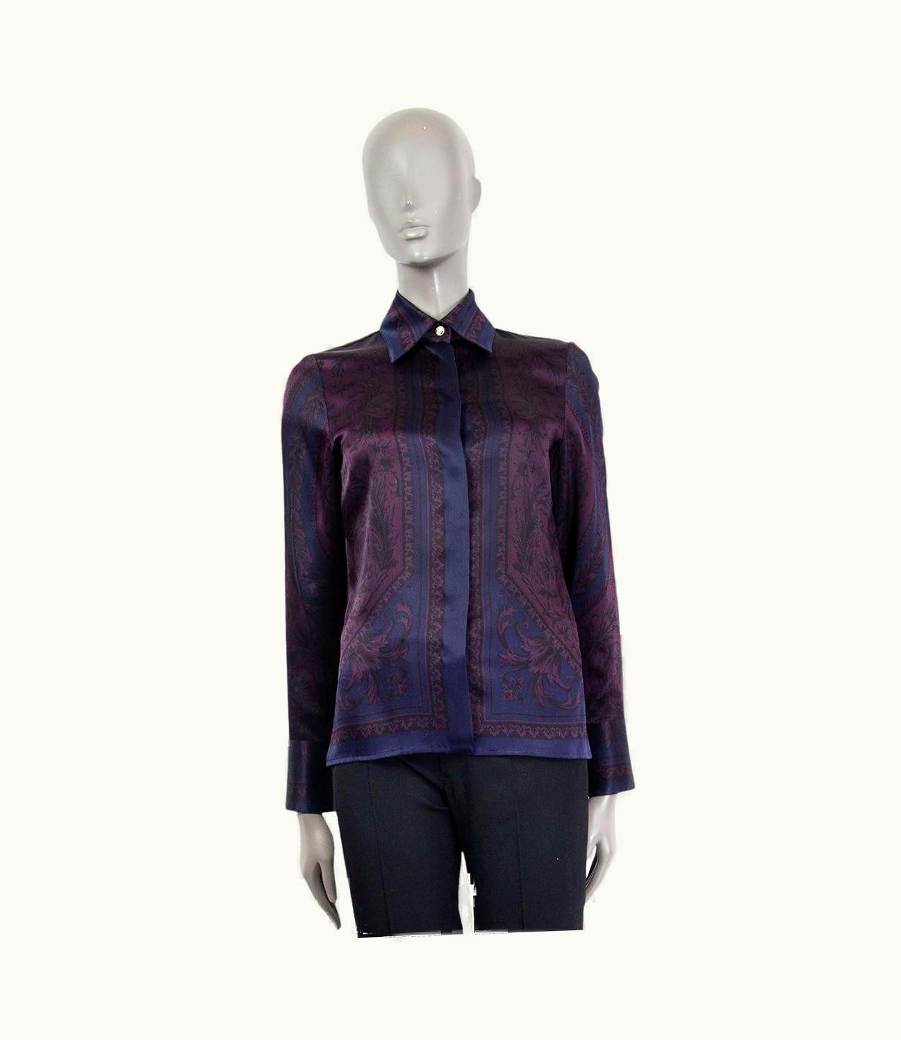 Versace Versace Midnight Blue & Eggplant Silk Printe Button Up Shirt