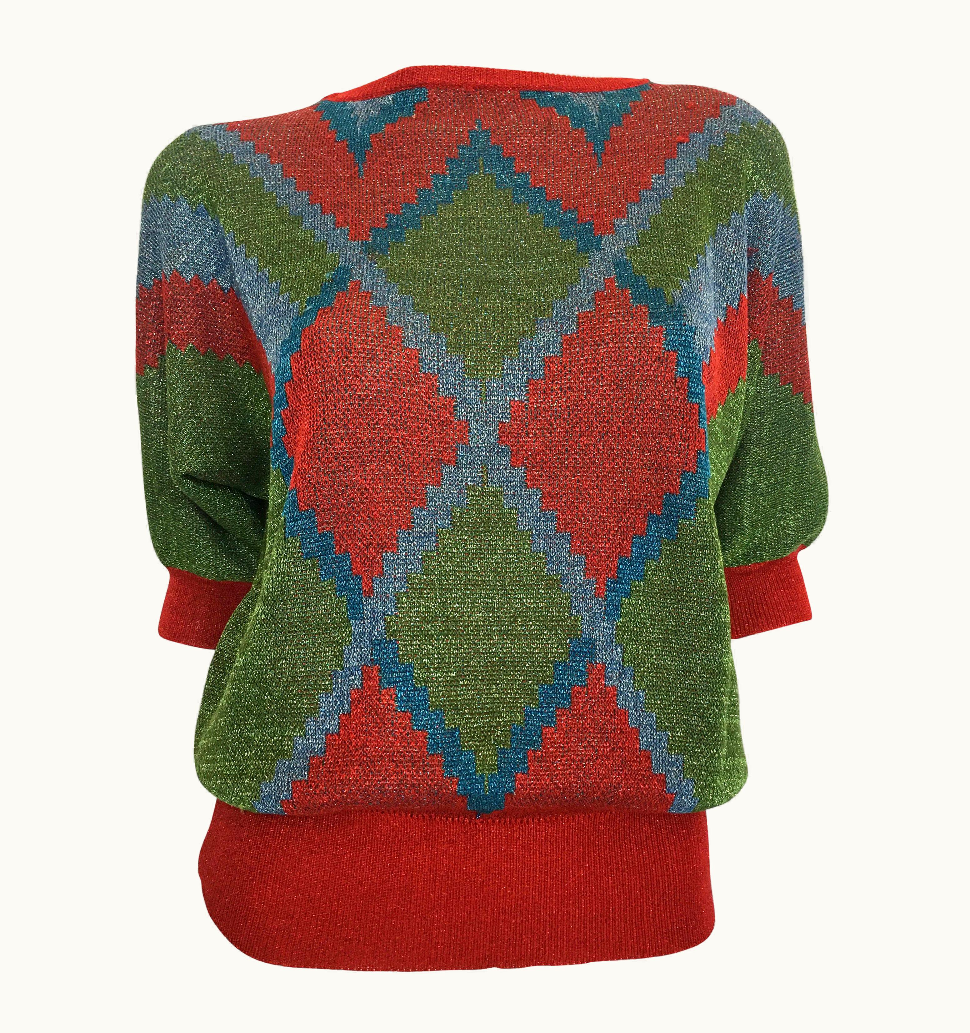 Gianni Versace Couture Gianni Versace 1980' Red, Green, Blue Argyle Knit Sweater WS/S Metallic Thread