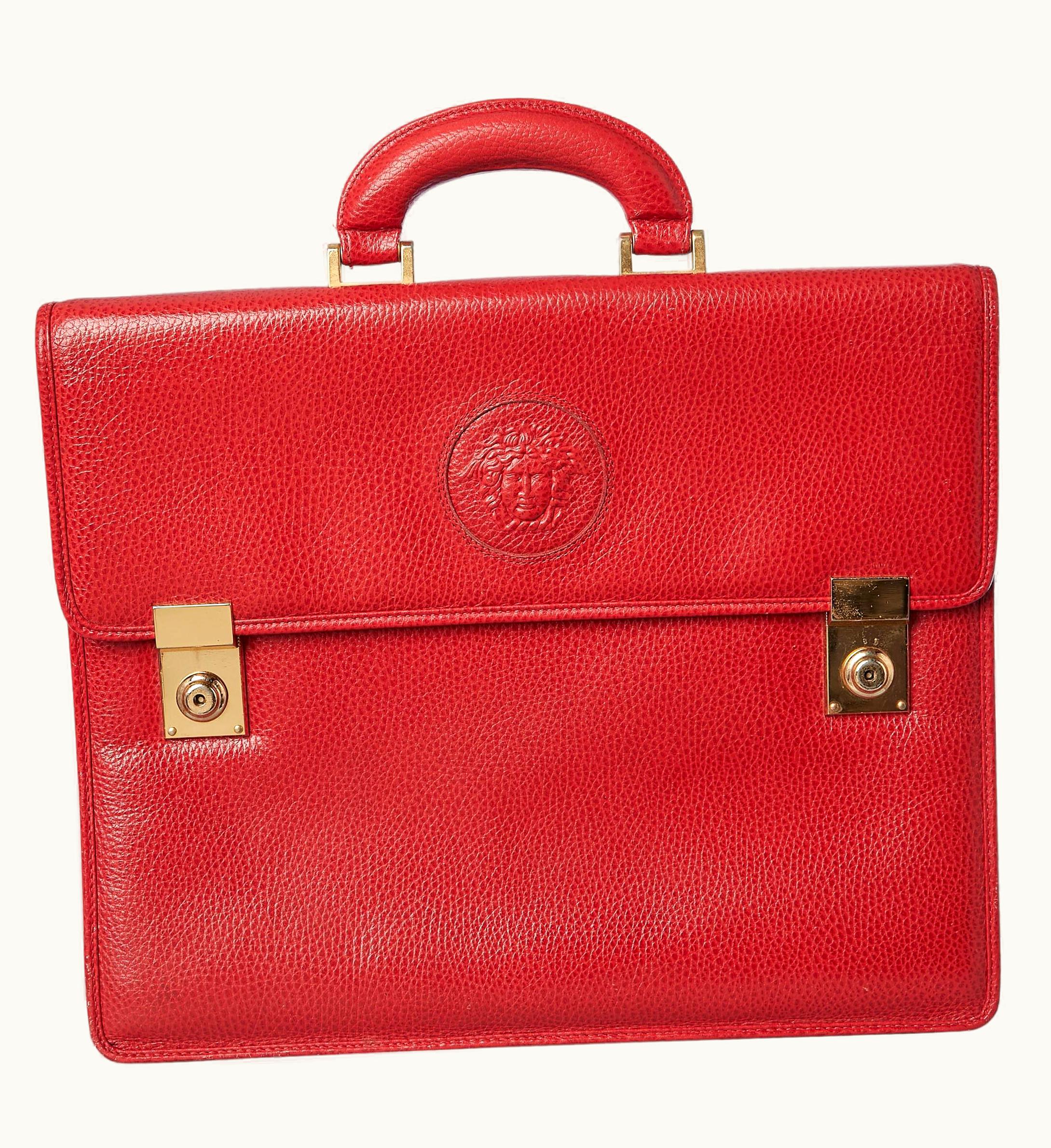 Gianni Versace Couture Red Leather Breifcase With Handle And Medusa Pattern Gianni Versace Circa 1980'