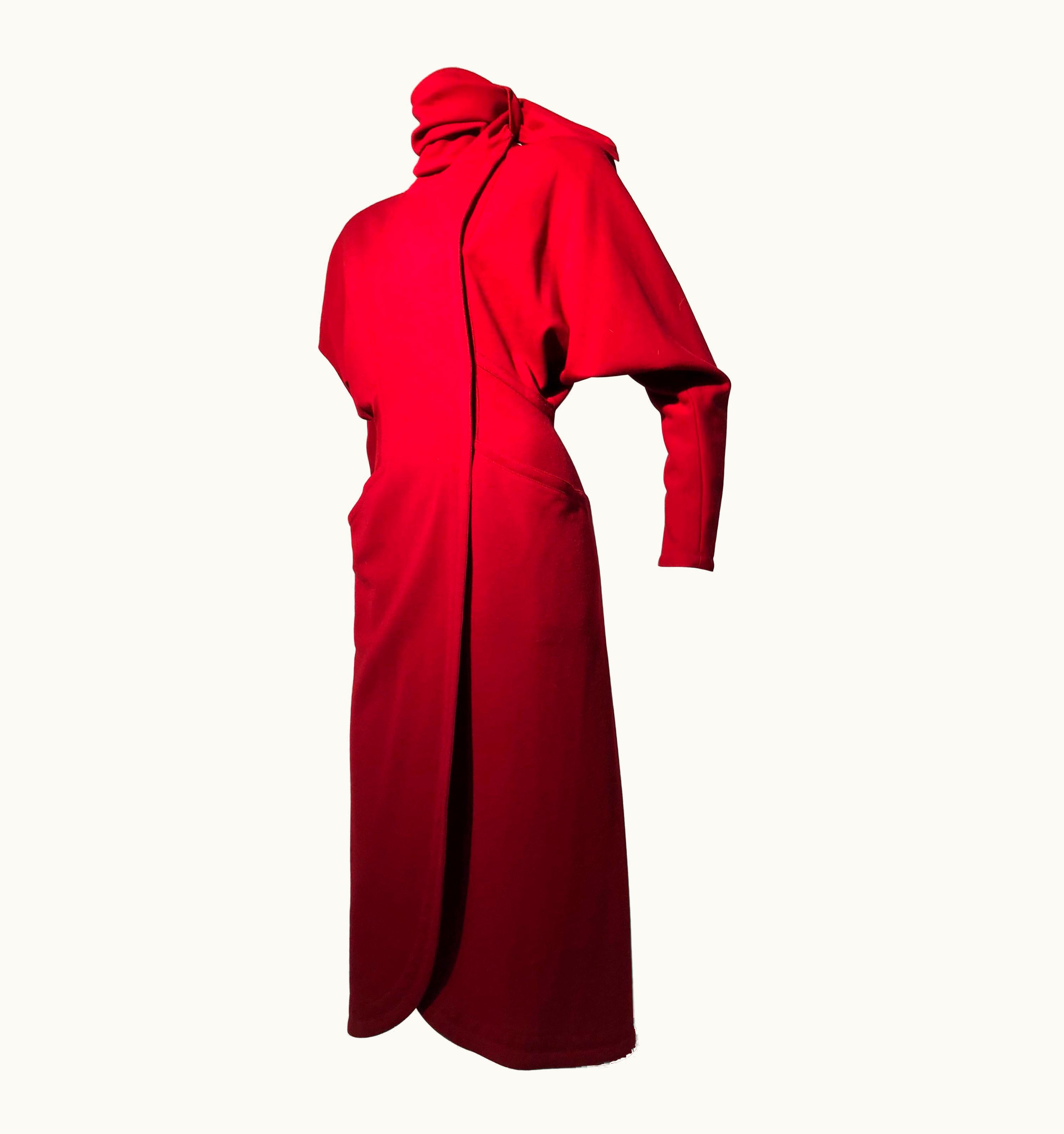 Gianni Versace Couture 1980s Gianni Versace VIvid Red Wool Wrap-Style Coat Dress WS/S Attached Foulard
