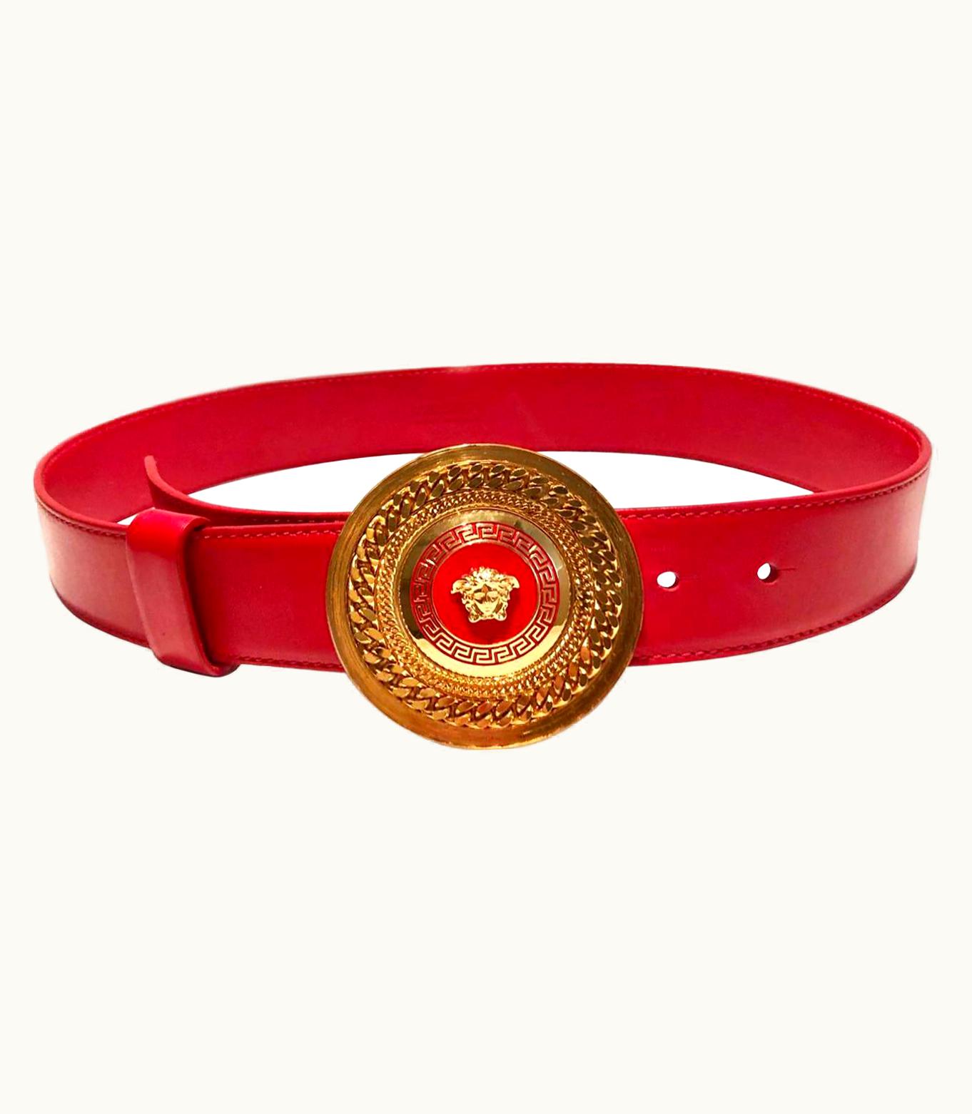 Versace 1980s Versace Red Leather Gold Medusa Metal Medallion Buckle Belt
