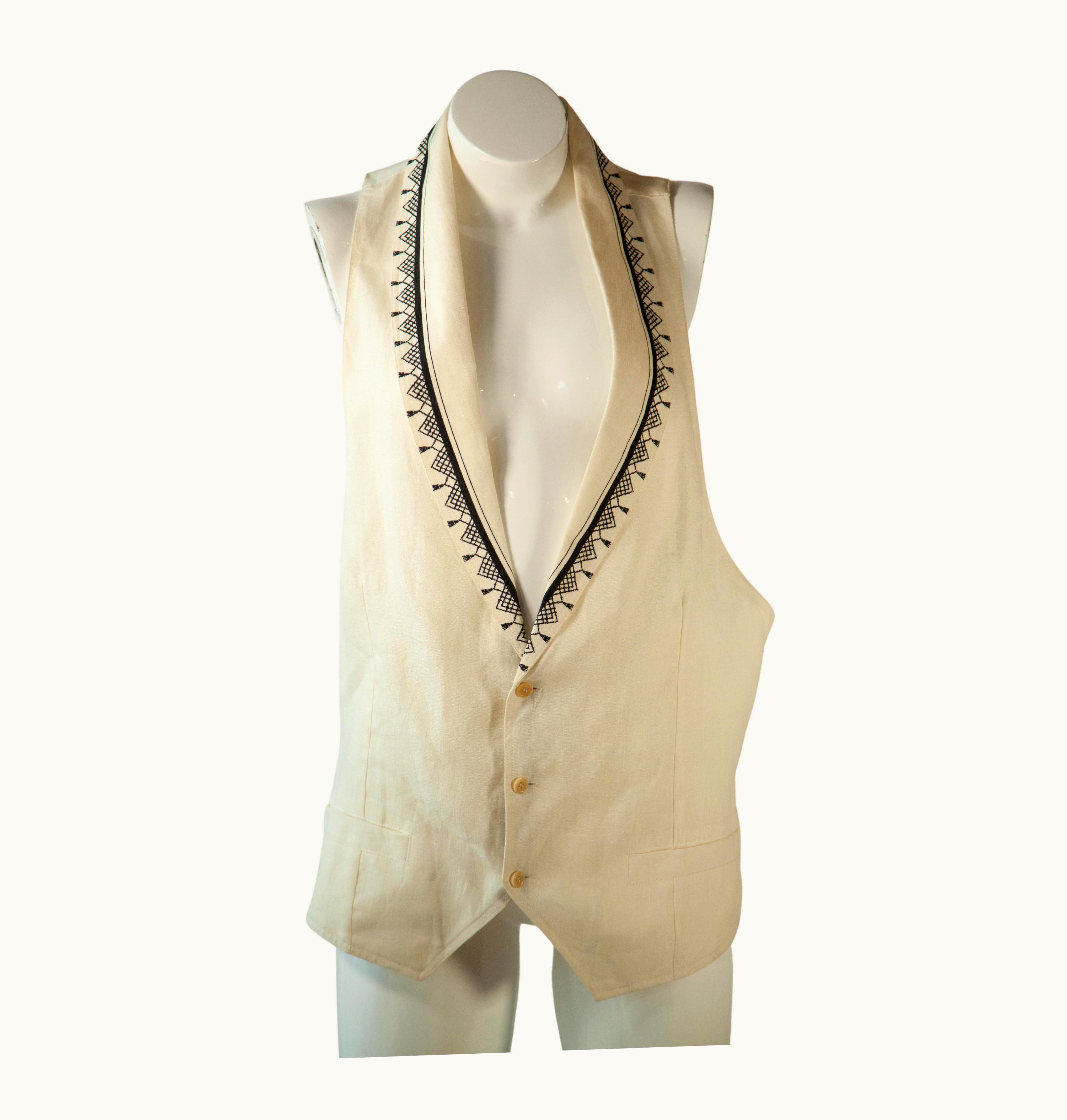 Gianni Versace Couture Gianni Versace, Creme Linen Vest With Embroidered Collar, 1980s