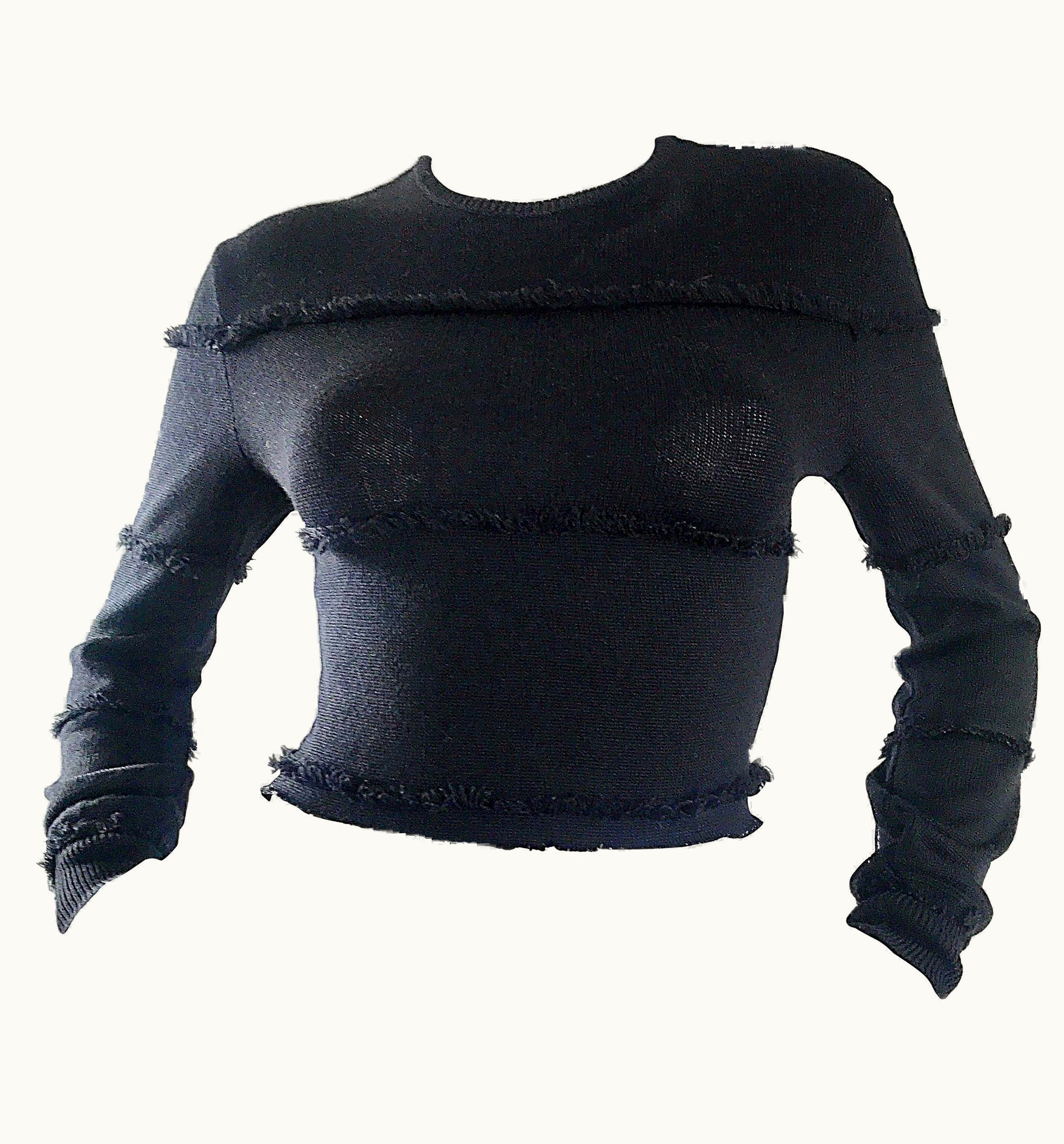 Gianni Versace Couture Early Gianni Versace 1980s Sexy Black Fringe 80s Vintage Cotton Sweater Crop Top