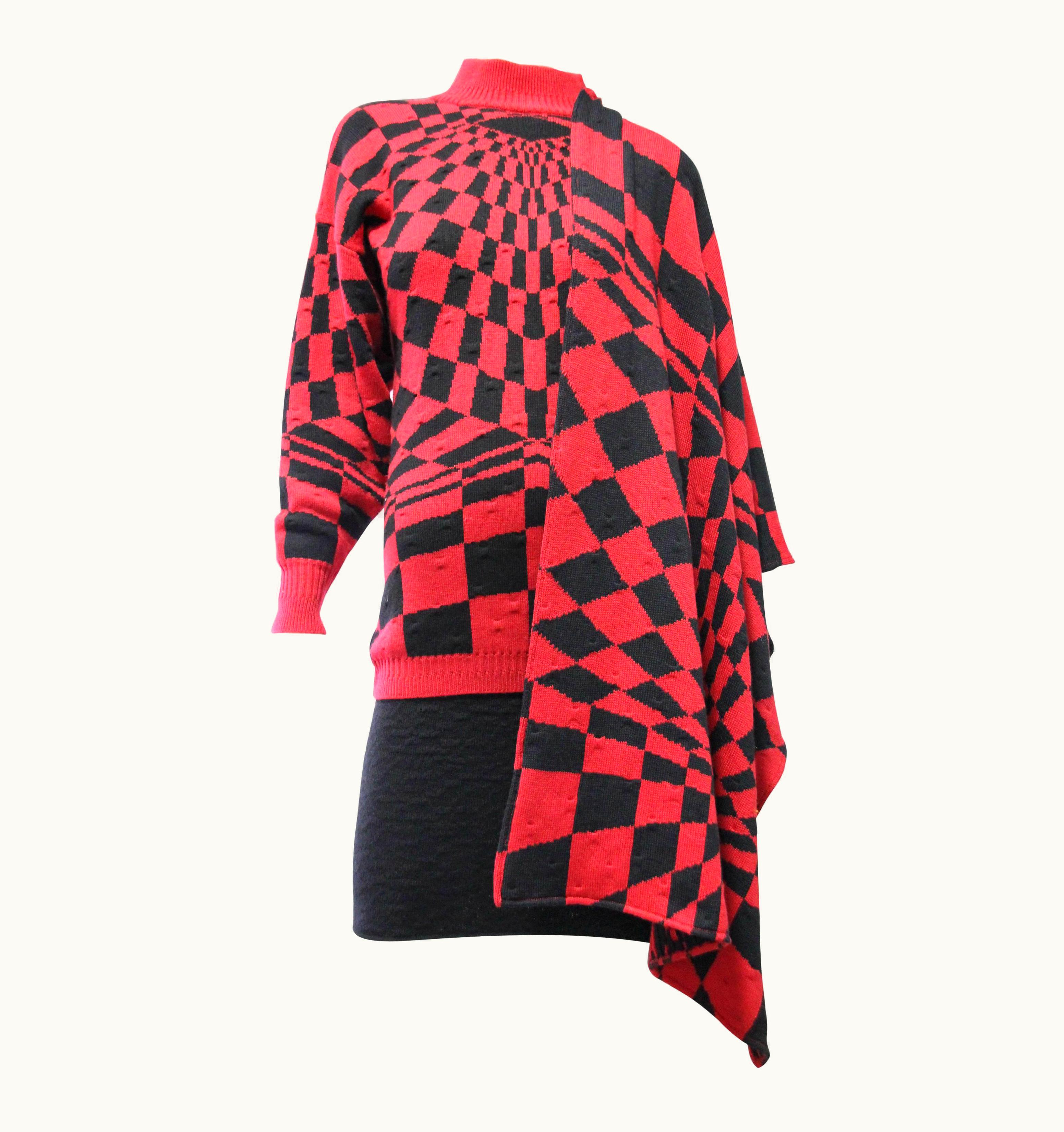 Gianni Versace Couture 1980s Gianni Versace 3-Piece Knit Skirt Sweater & Scarf In Mod Red Checkerboard
