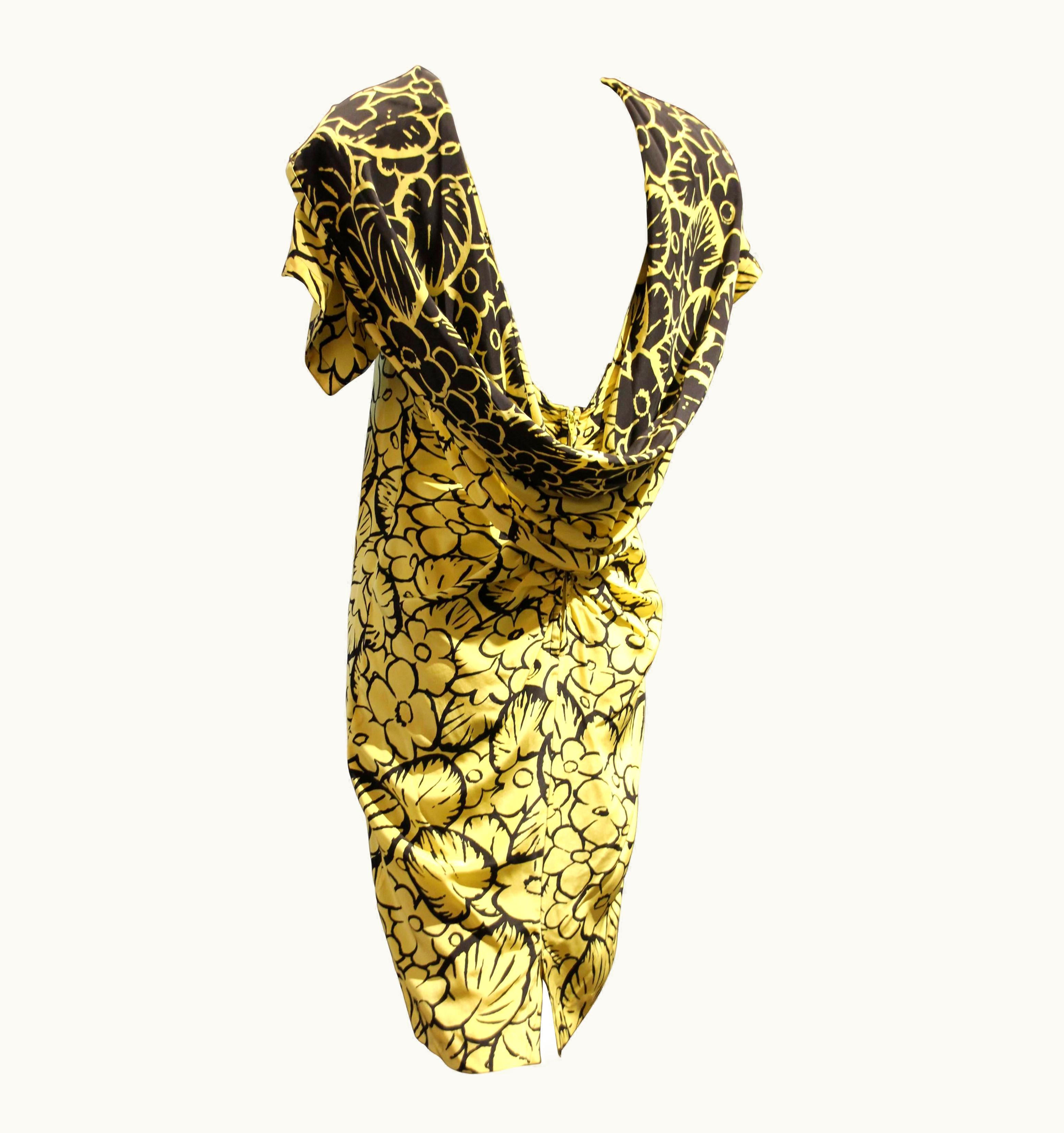 Gianni Versace Couture 1980s Gianni Versace Yellow And Black Floral Print Silk Dress W Draped Back