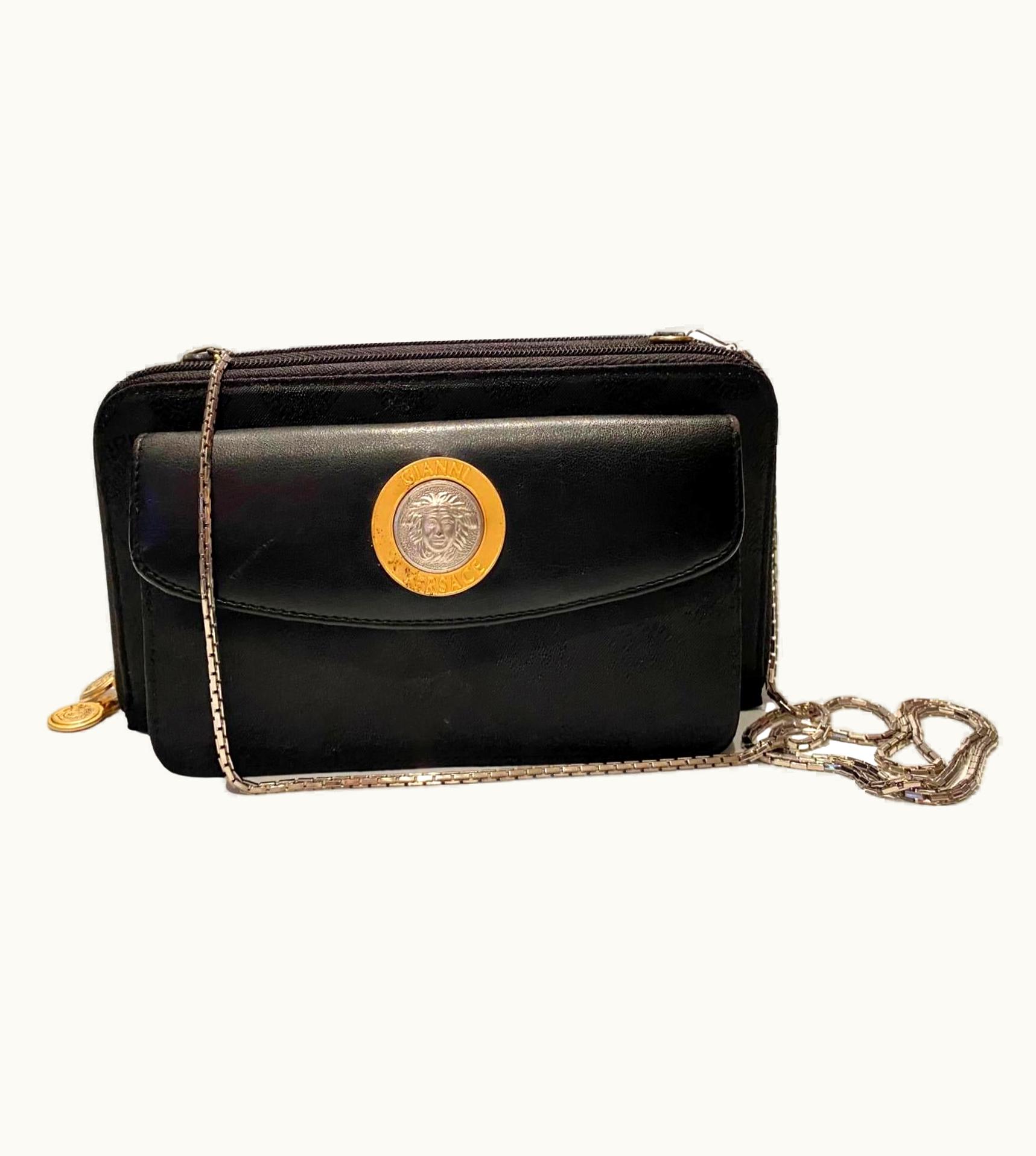 Versace 1980s Versace Jeans Couture Medusa Logo Leather Cloth Shoulder Bag