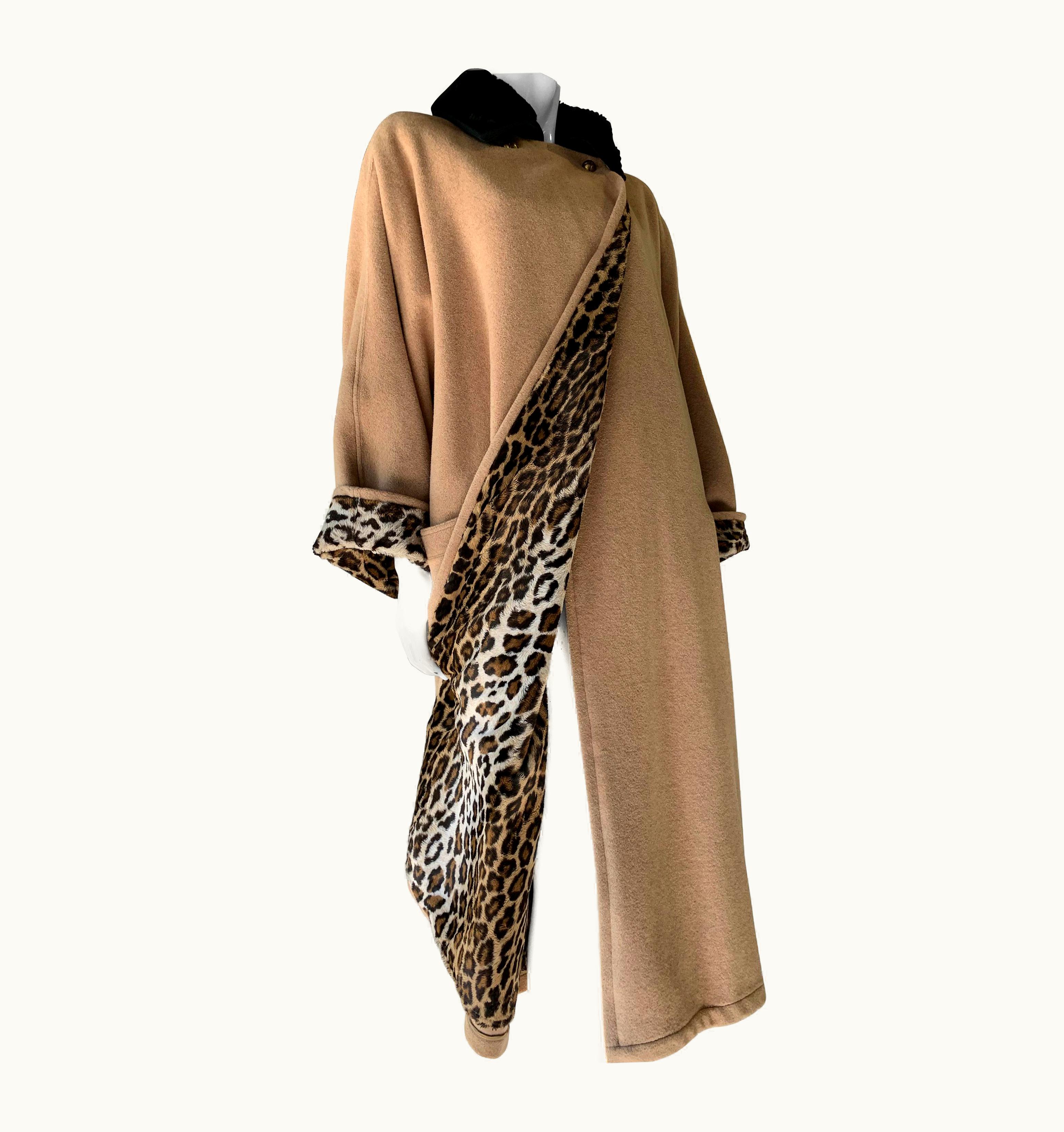 Gianni Versace Couture 1980s Gianni Versace Camel Cashmere Overcoat WS/S Faux Leopard Lining