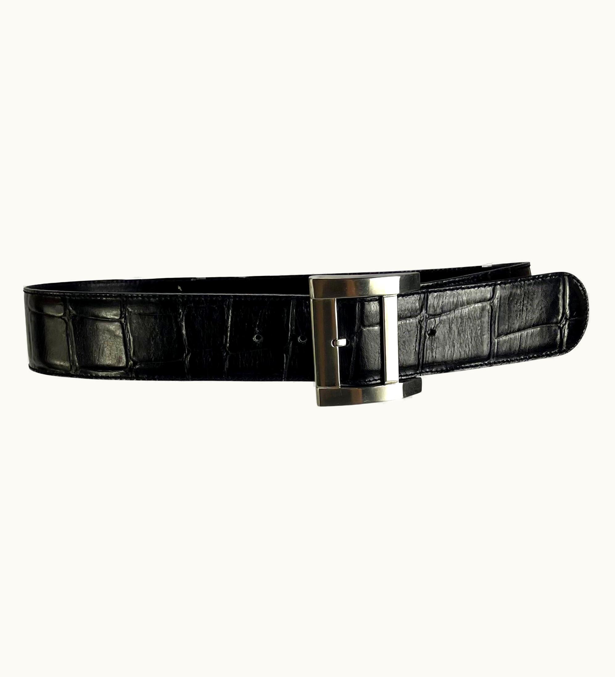 Gianni Versace Couture 1980s Gianni Versace Oversized Buckle Black Croc Embossed Leather Belt