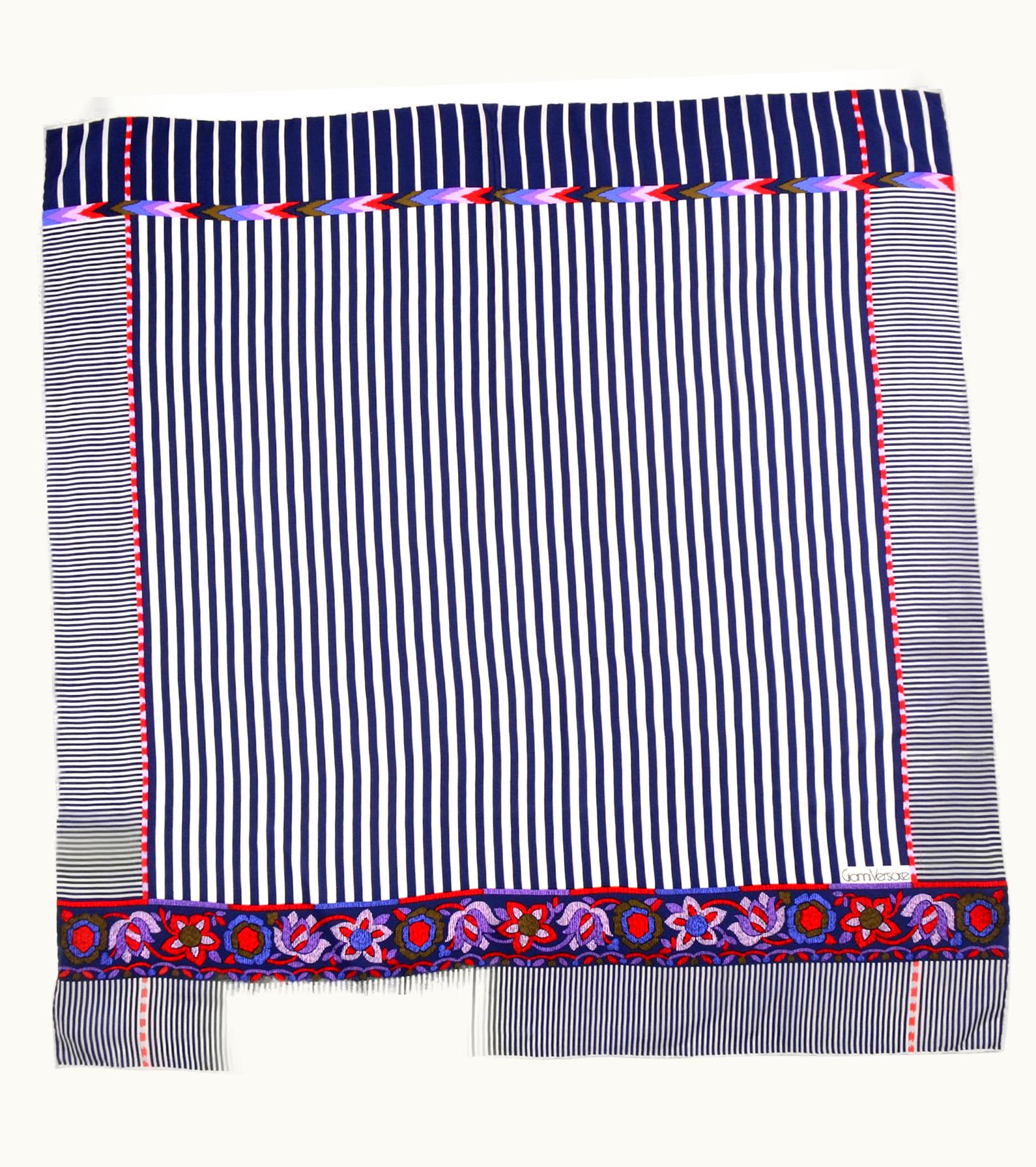 Gianni Versace Couture Gianni Versace Vintage Blue & White Stripe Chevron Floral Silk Scarf