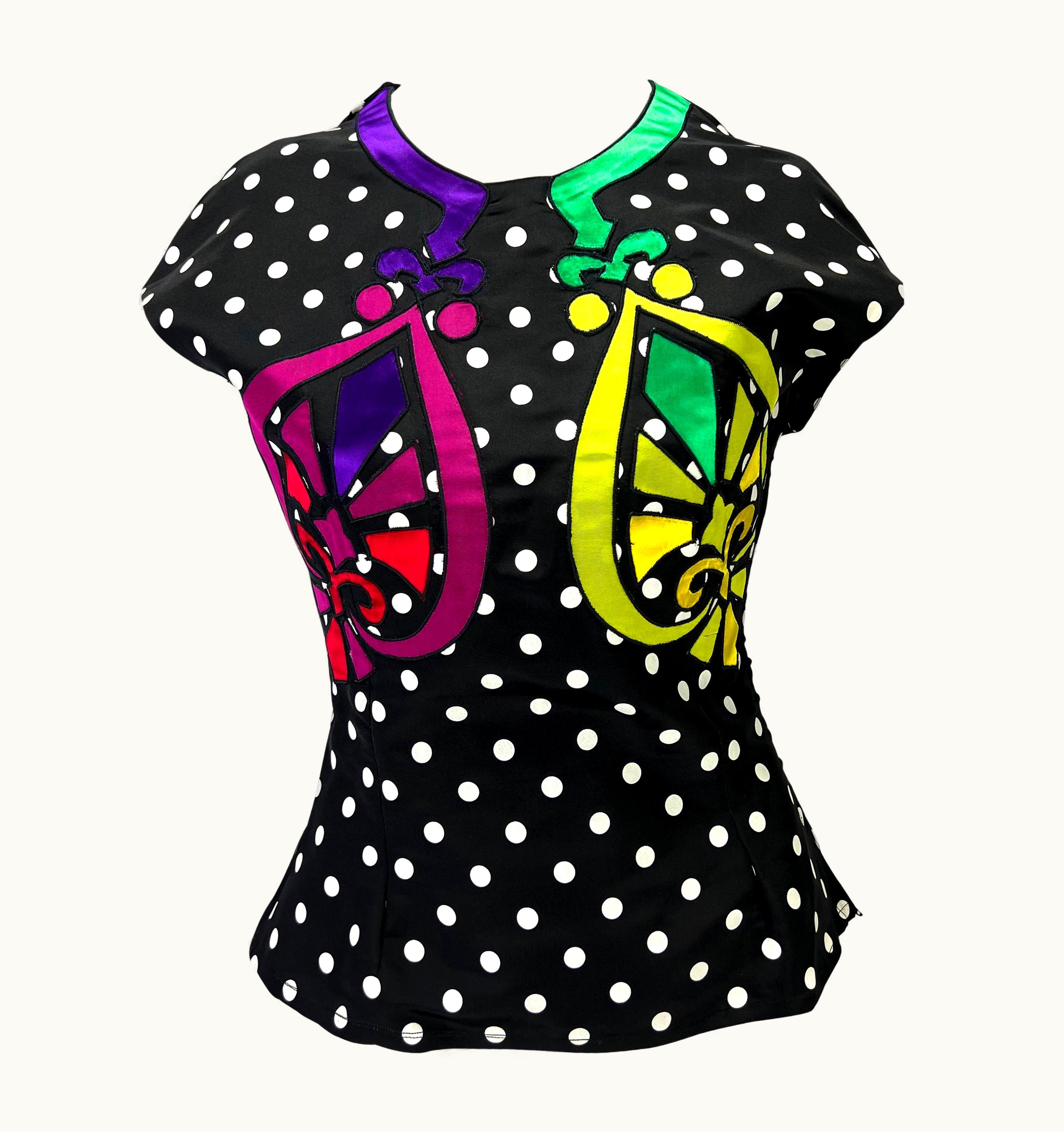 Versace Early 1990s Atelier Versace Haute Couture Satin Appliqué Black Polka Dot Top