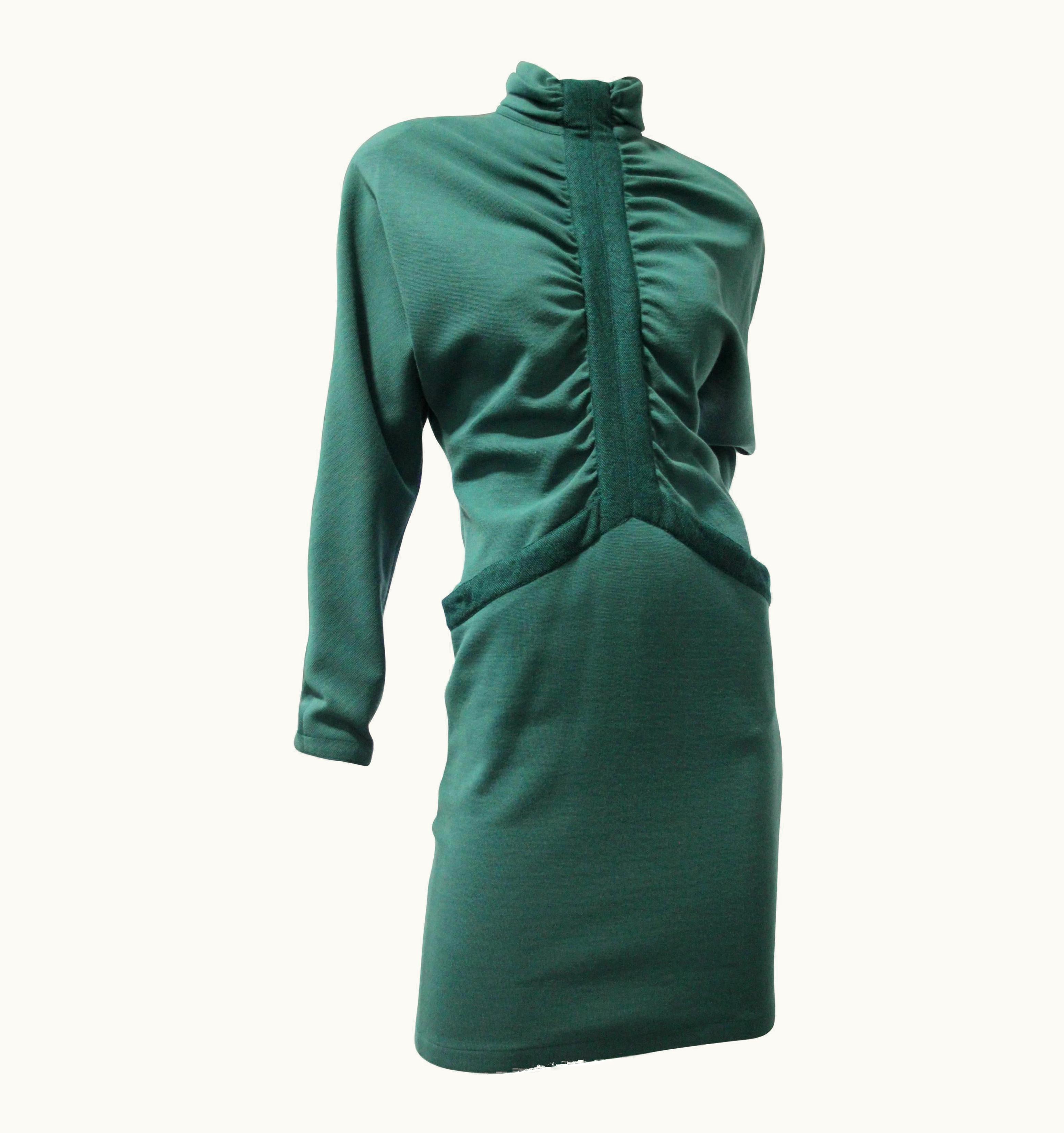 Gianni Versace Couture 1980s Gianni Versace Wool Knit Dress In Jade Green W Gathers And Hip Pockets
