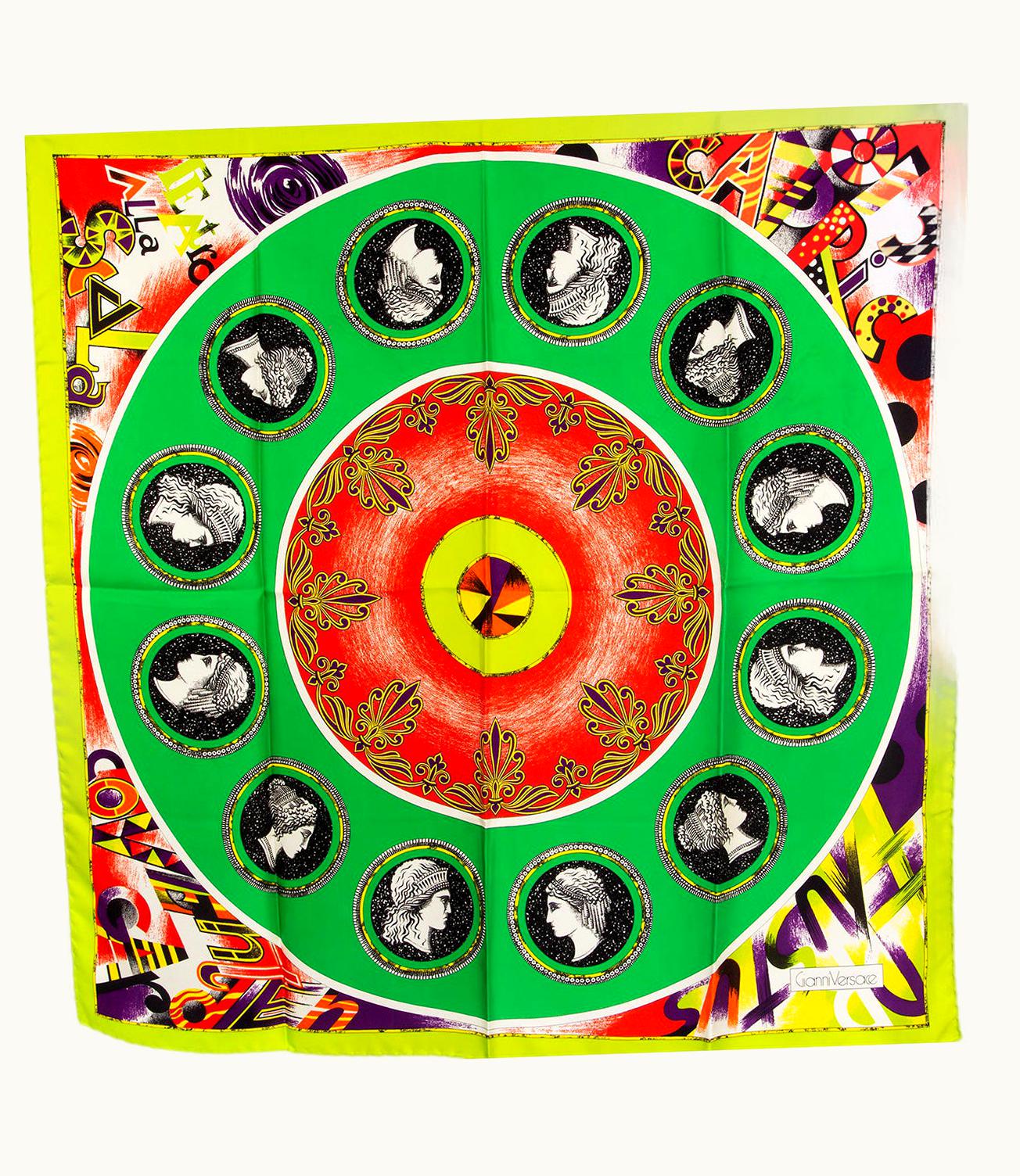 Gianni Versace Couture Gianni Versace Lime Green Silk Coin Print Scarf
