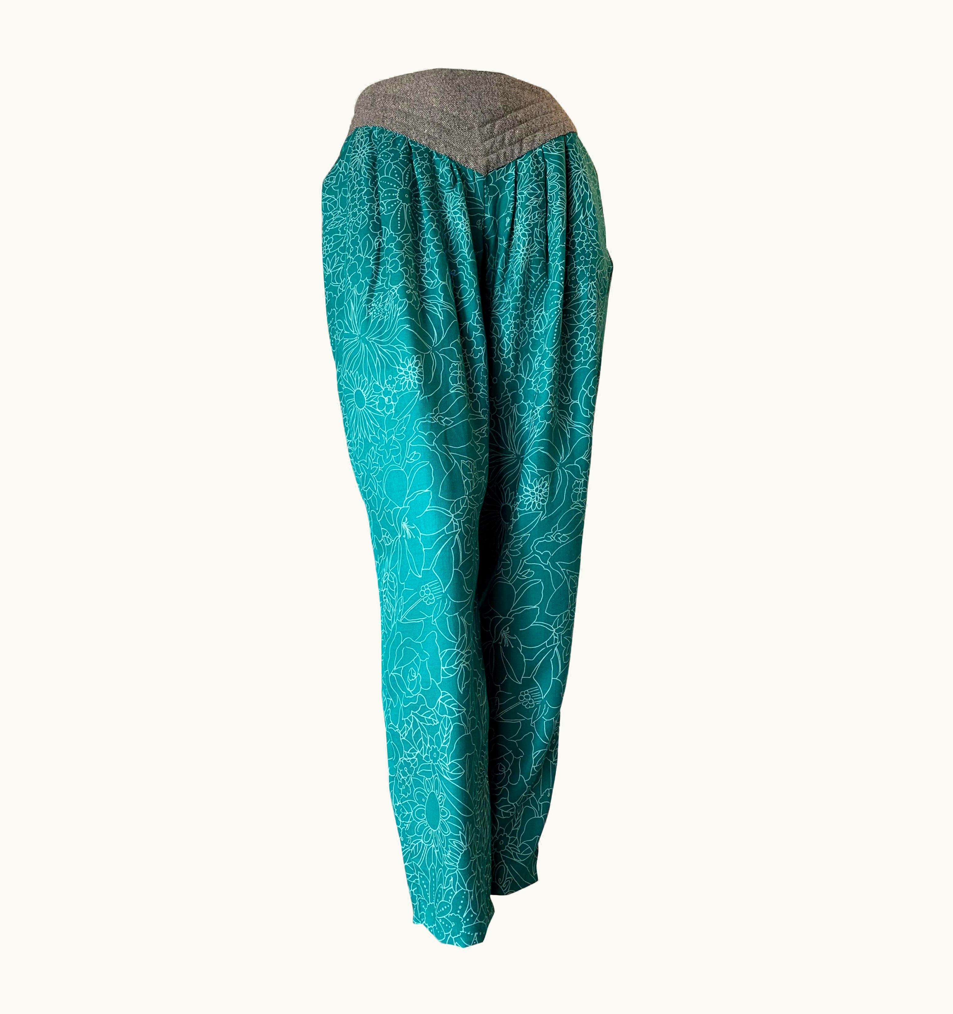 Gianni Versace Couture 1980s Gianni Versace Harem Pants In Teal & White Floral Print & Trapunto Waist