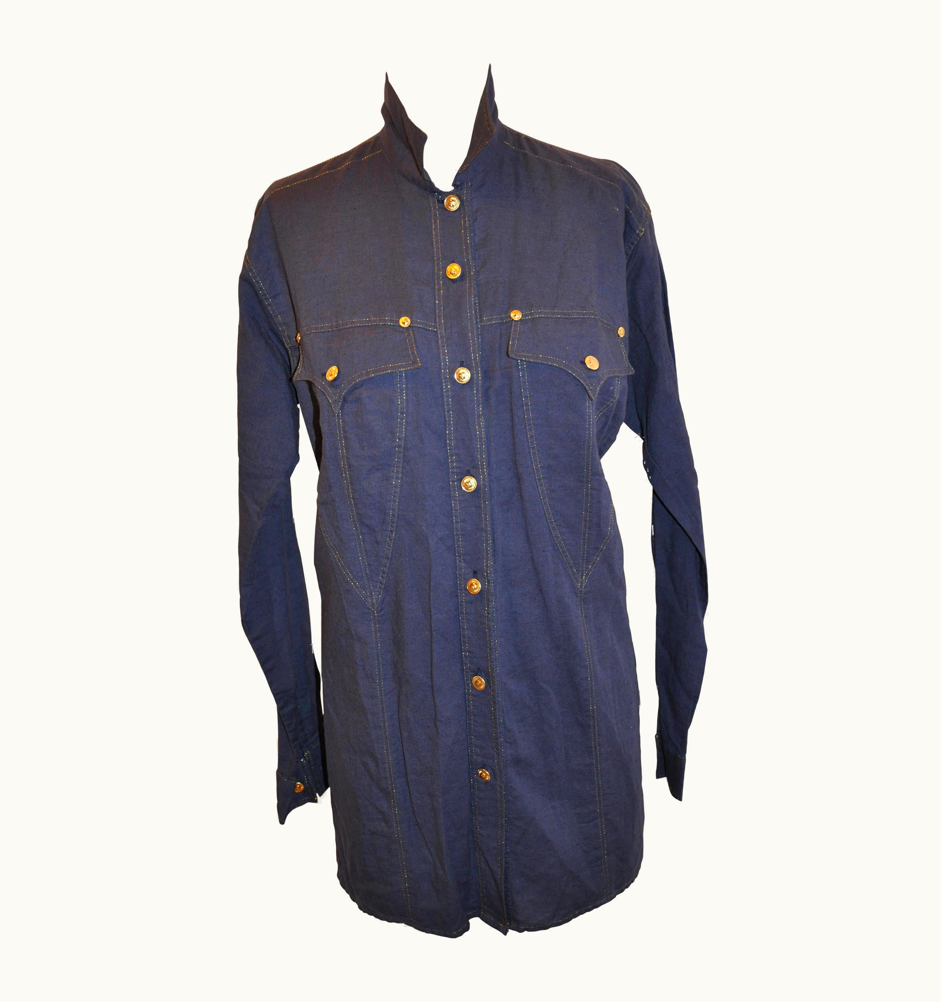 Gianni Versace Couture Gianni Versace Navy Linen & Cotton With Metallic Gold Accent Tunic Button Shirt