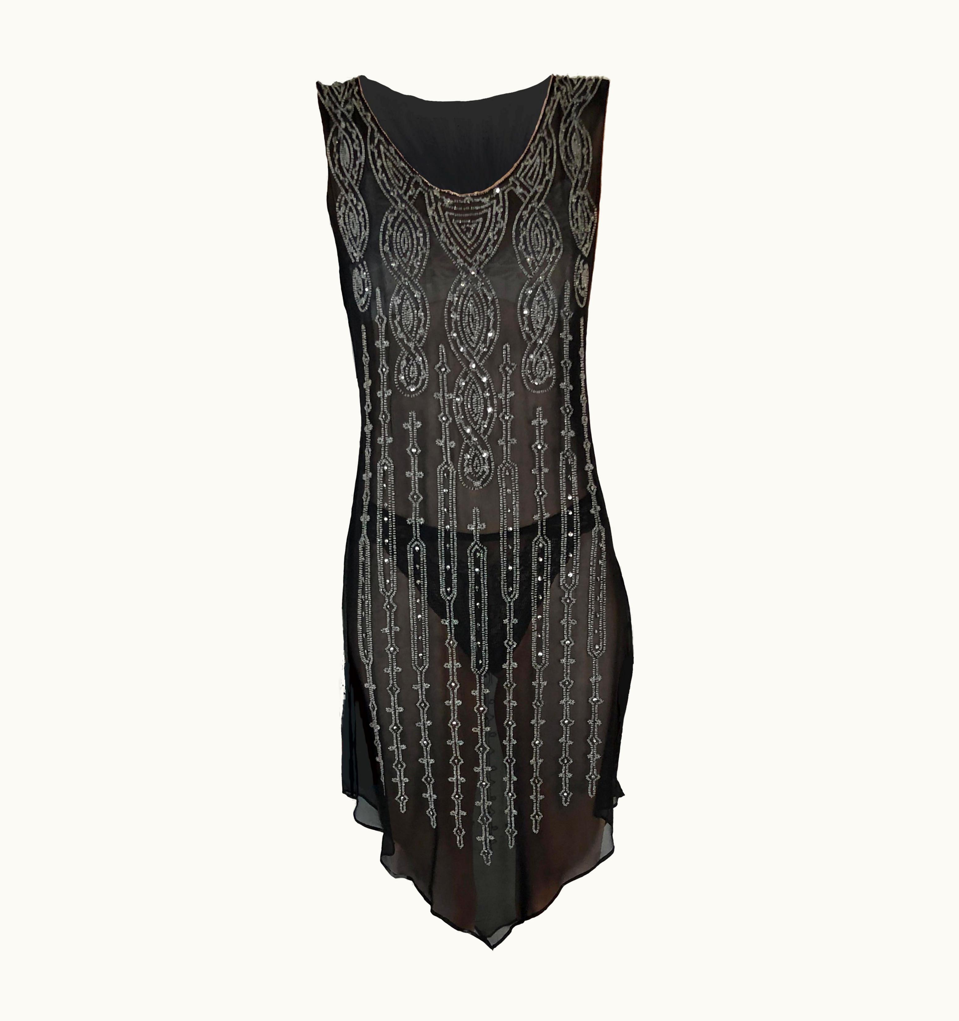 Gianni Versace Couture Vintage Gianni Versace For Genny Silk & Silver Beads 20s Style Dress, C.1980s