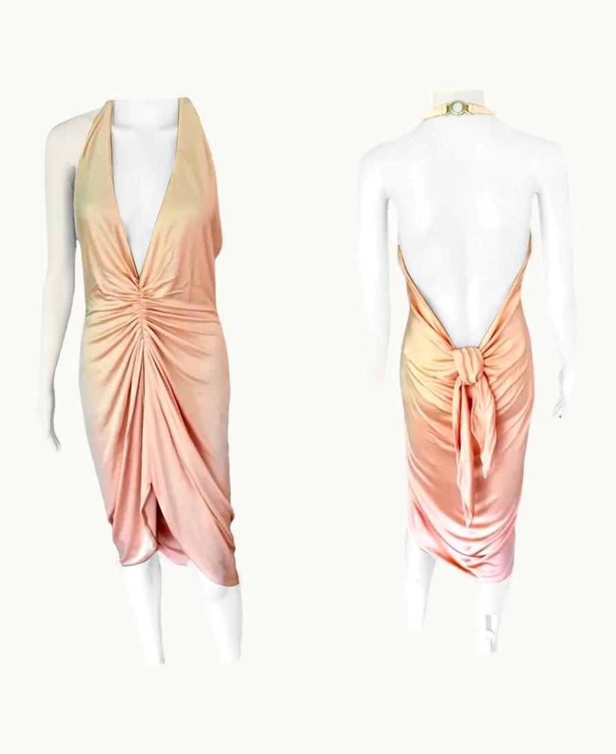 Versace Versace S/S 2005 Runway Peach Plunging Open Back Midi Dress
