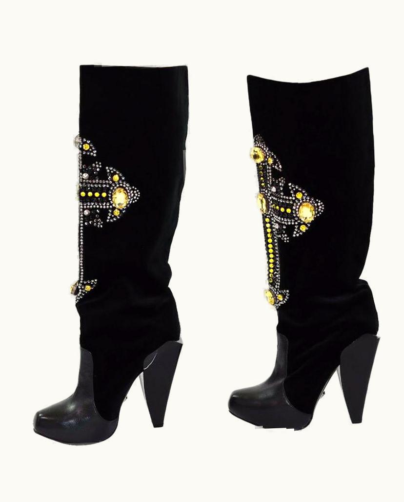 Versace Versace Crystal-embellished Cross Velvet And Leather Knee Boots