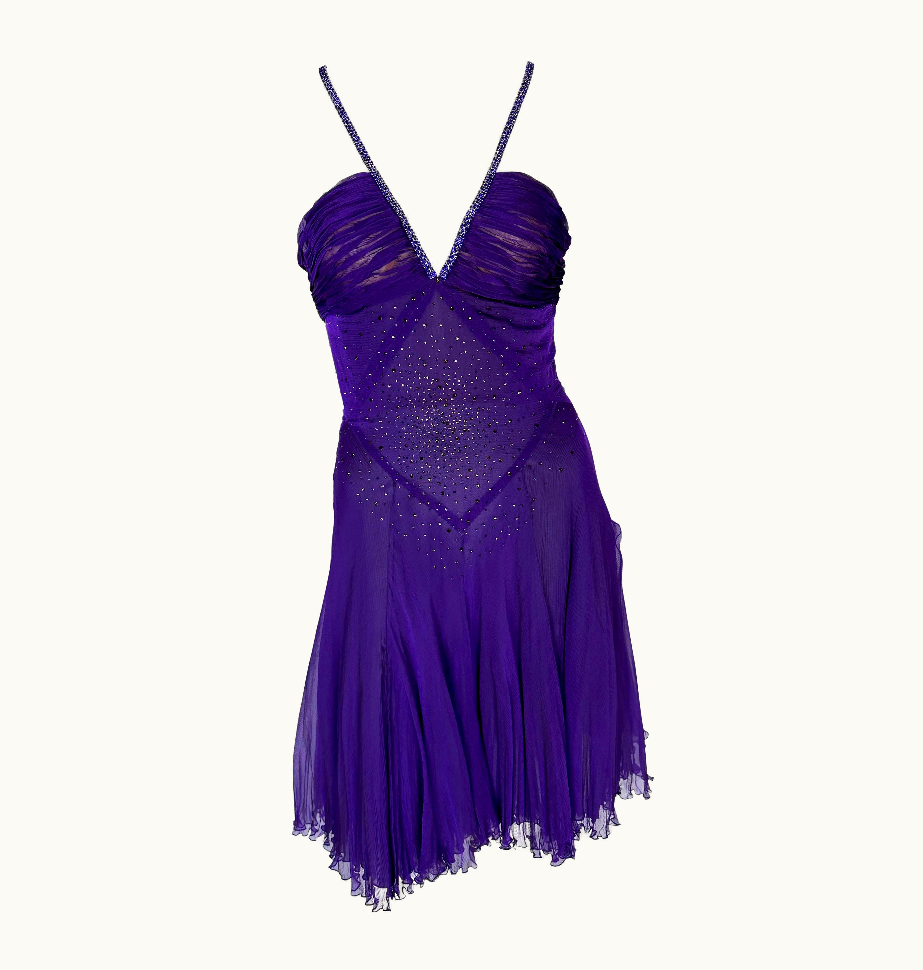 Versace 2000s Versace By Donatella Purple Rhinestone Sheer Chiffon Boned Flare Dress