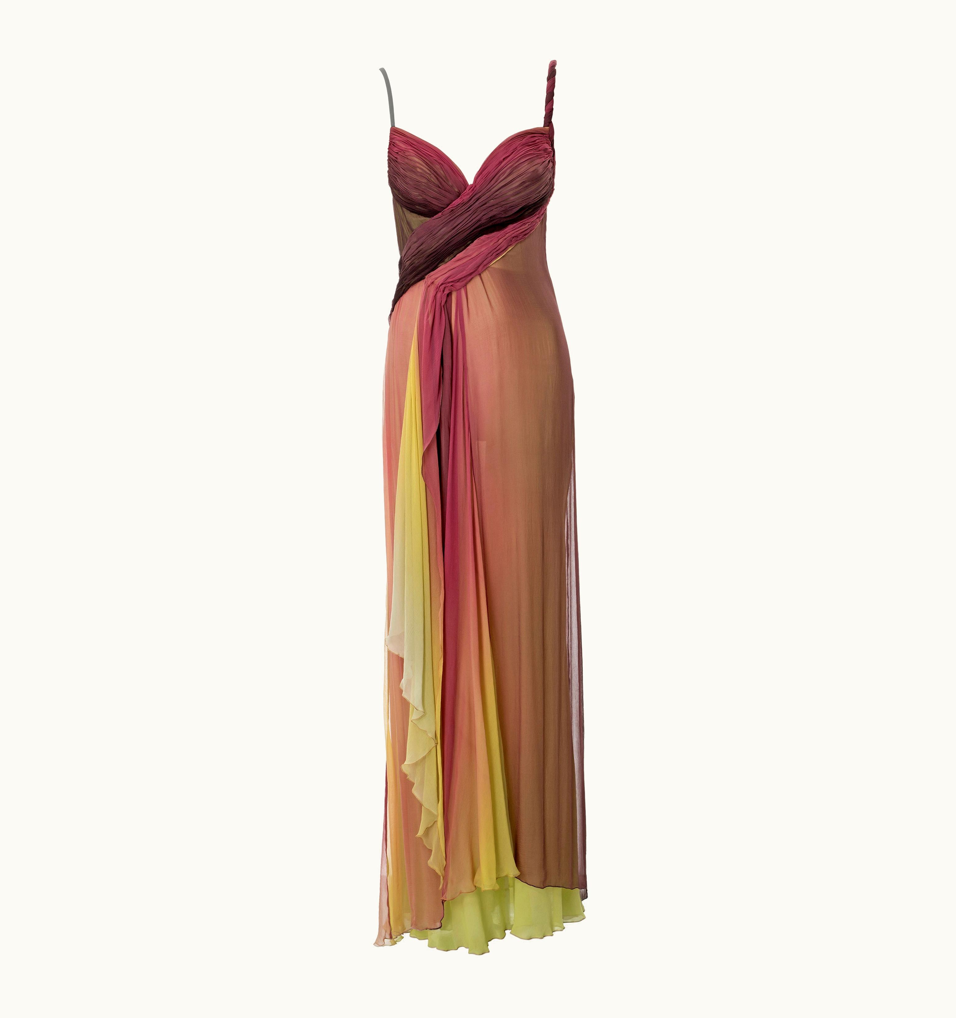 Versace Versace Plum And Chartreuse Ombré Pleated Silk Chiffon Evening Dress, S/S 2006
