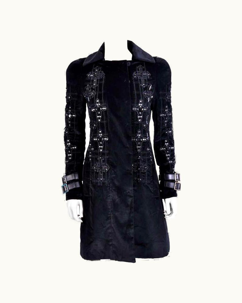 Versace Versace Black Velvet Crystal Cross Embellished Coat As Seen On Donatella