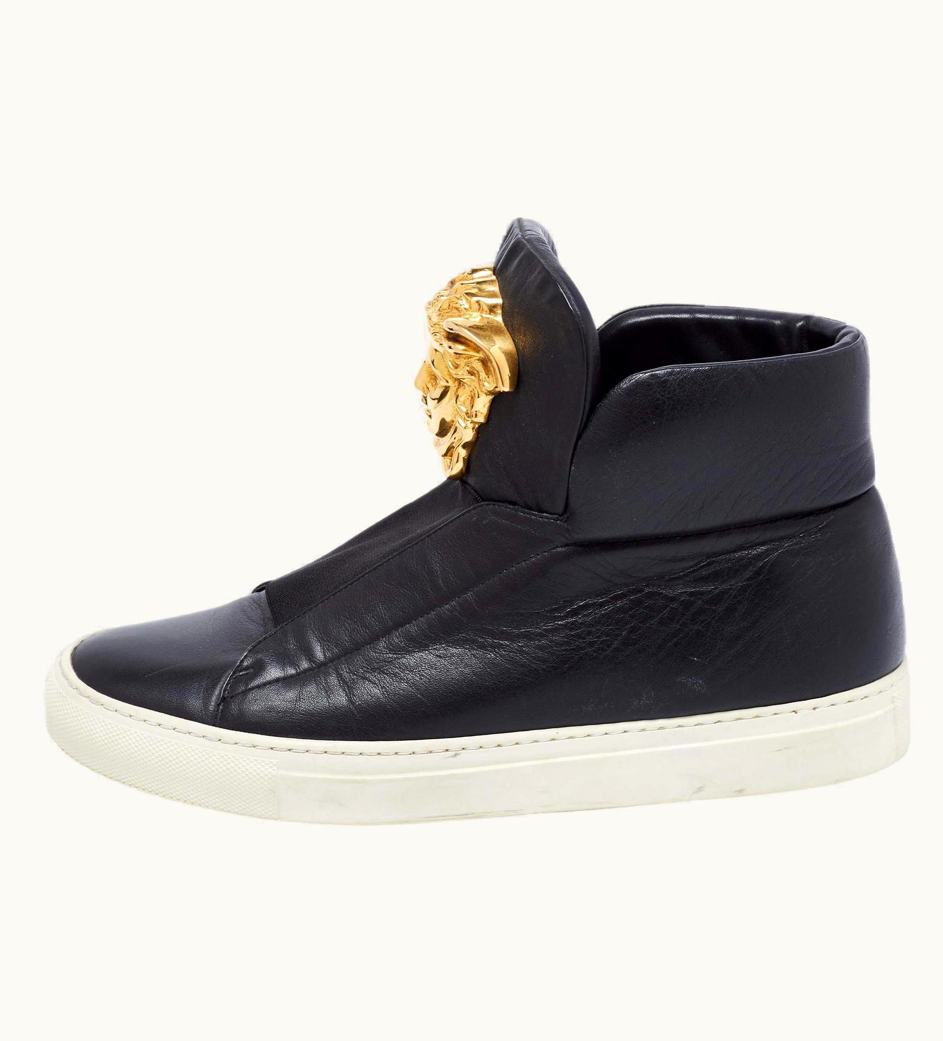 Versace Versace Black Leather Medusa Palazzo Slip On High Top Sneakers