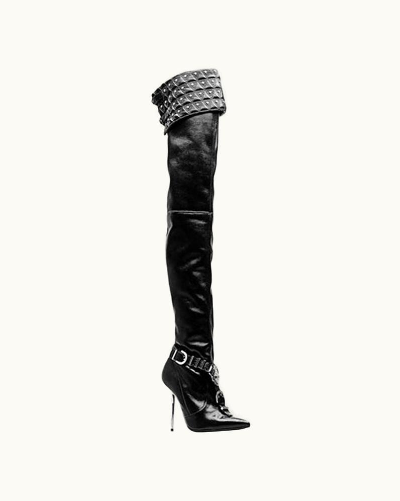 Versace Versace Fall 2013 "Chelsea" Studded Black Leather Thigh High Boots