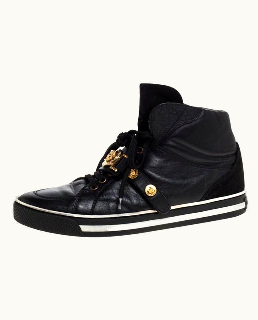 Versace Versace Black Leather And Suede Medusa Strap High Top Sneakers UZ0577364
