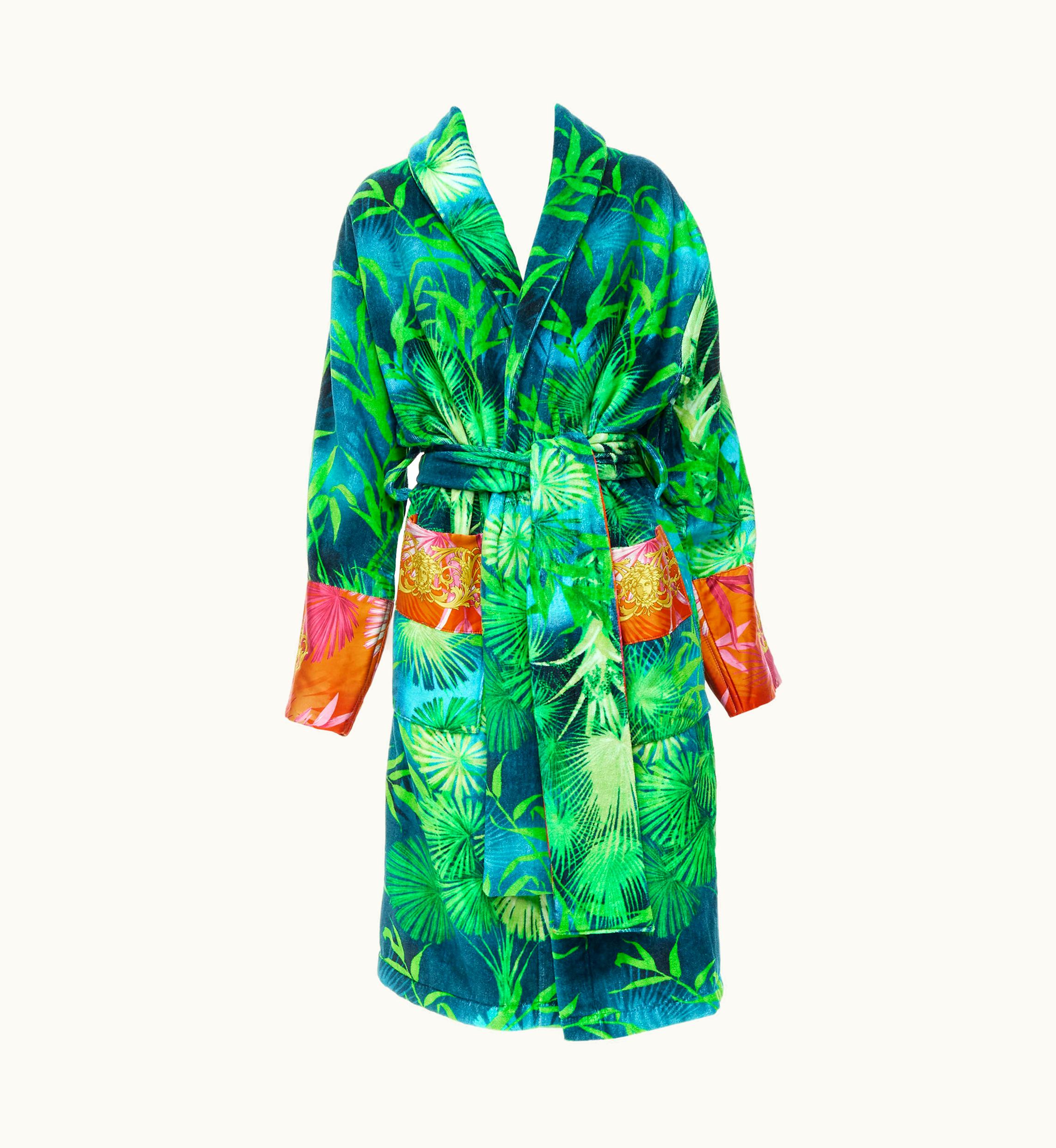 Versace Versace Home Iconic Green Jungle Print Pink Medusa Barocco Trim Robe