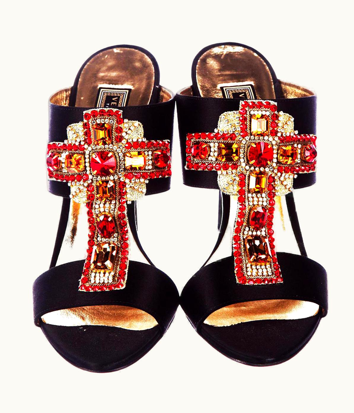 Versace Versace Runway Crystal Embellished Cross Black Satin Heel Mule Sandals
