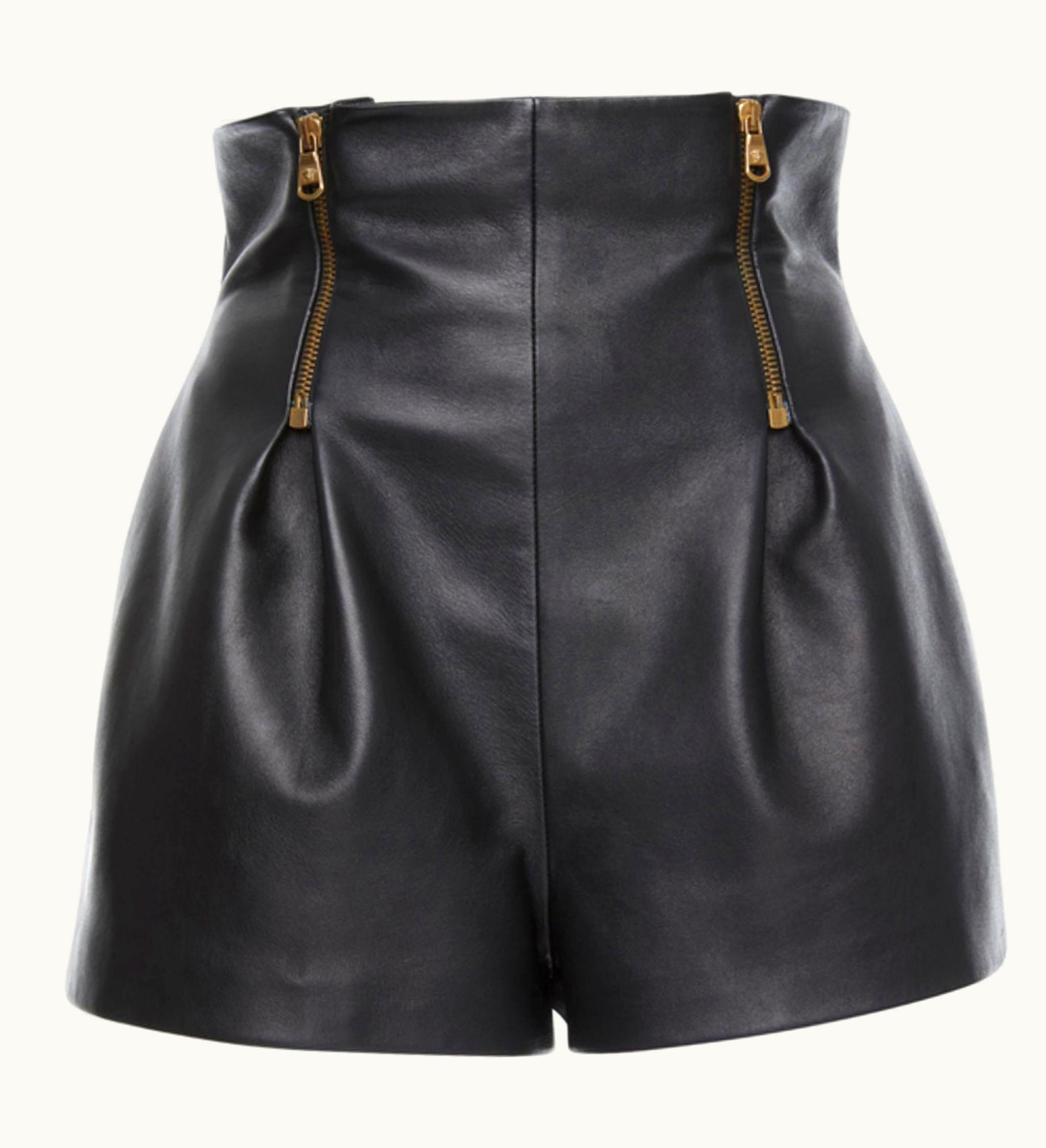 Versace Versace S/S Black High Waisted Leather Shorts With Gold Tone Zippers