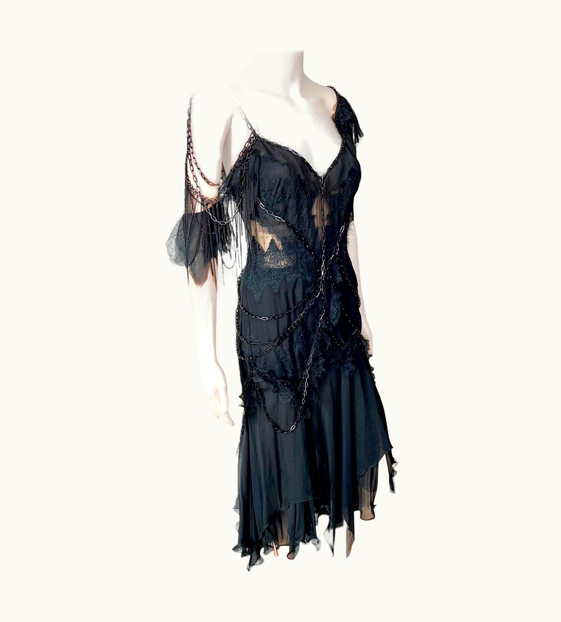 Versace Versace AW 2004 Chain Embellished Sheer Lace Open Back Black Evening Dress