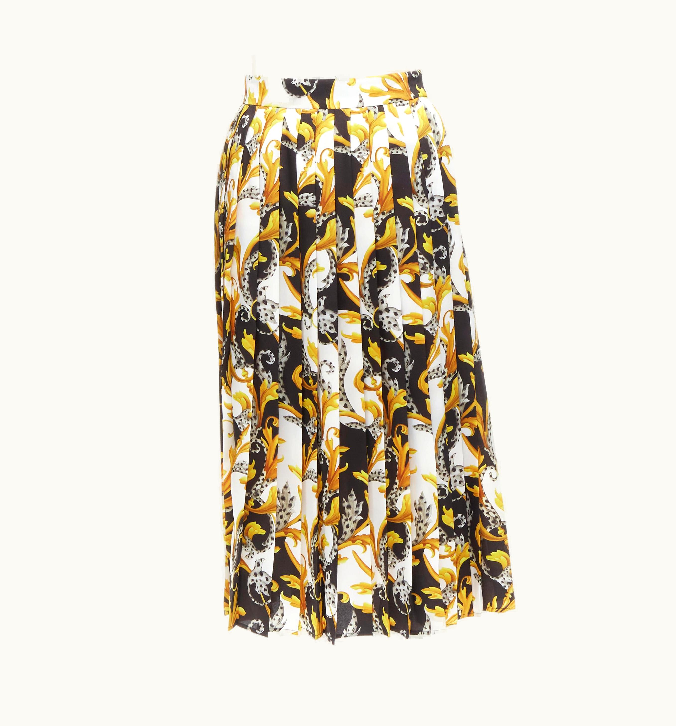 Versace Versace Barocco Acanthus Black Gold Print Pleated High Slit Skirt