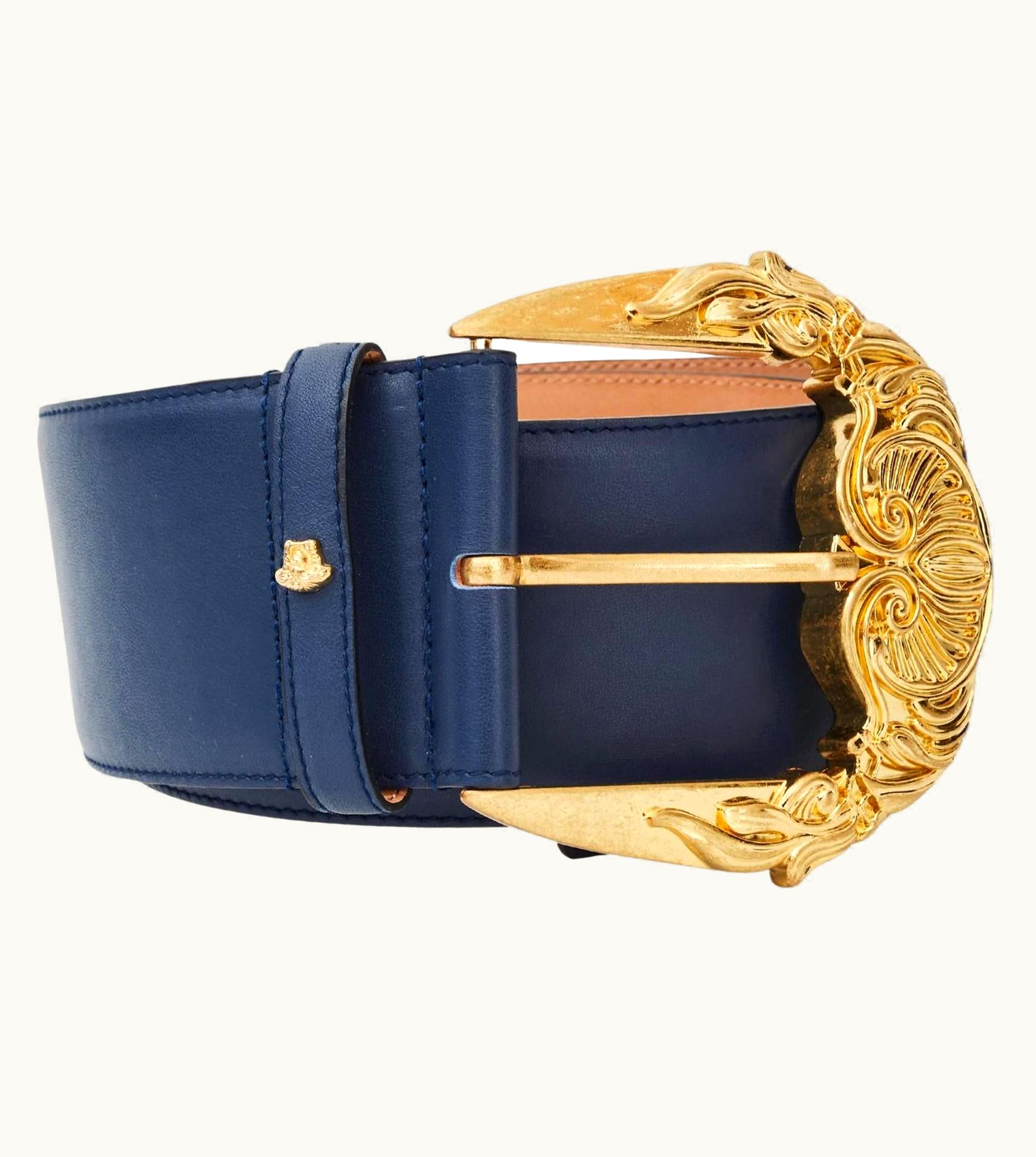 Versace Versace Gold Buckle Navy Leather Baroque Runway Wide Belt (5/34)