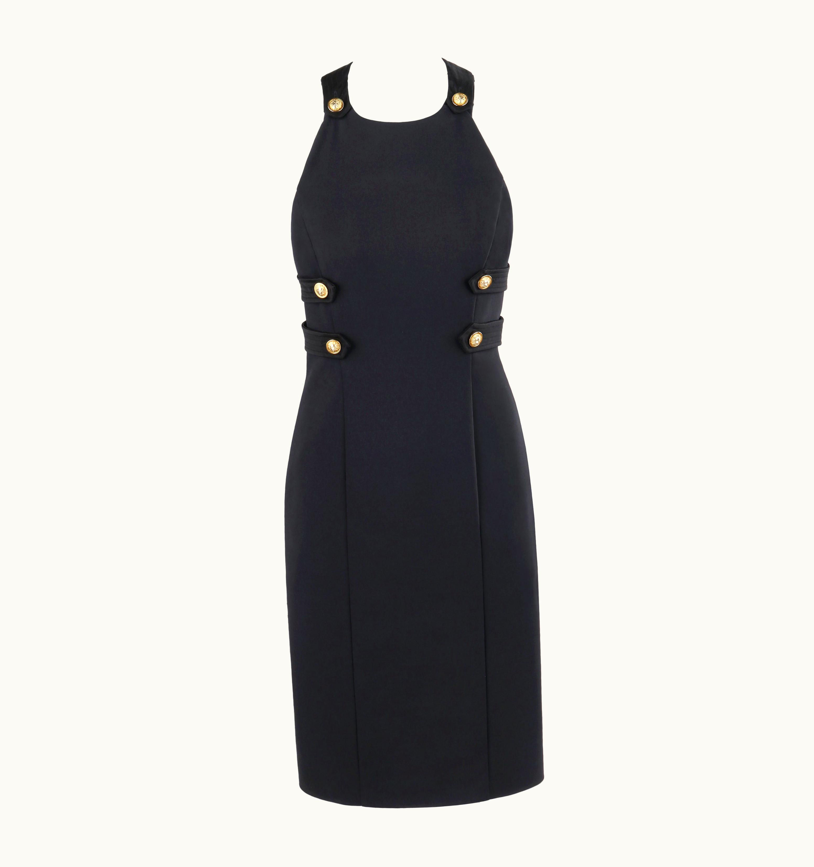 Versace Versace S/S 2015 Black Bondage Gold Lion Button Overall Princess Line Dress