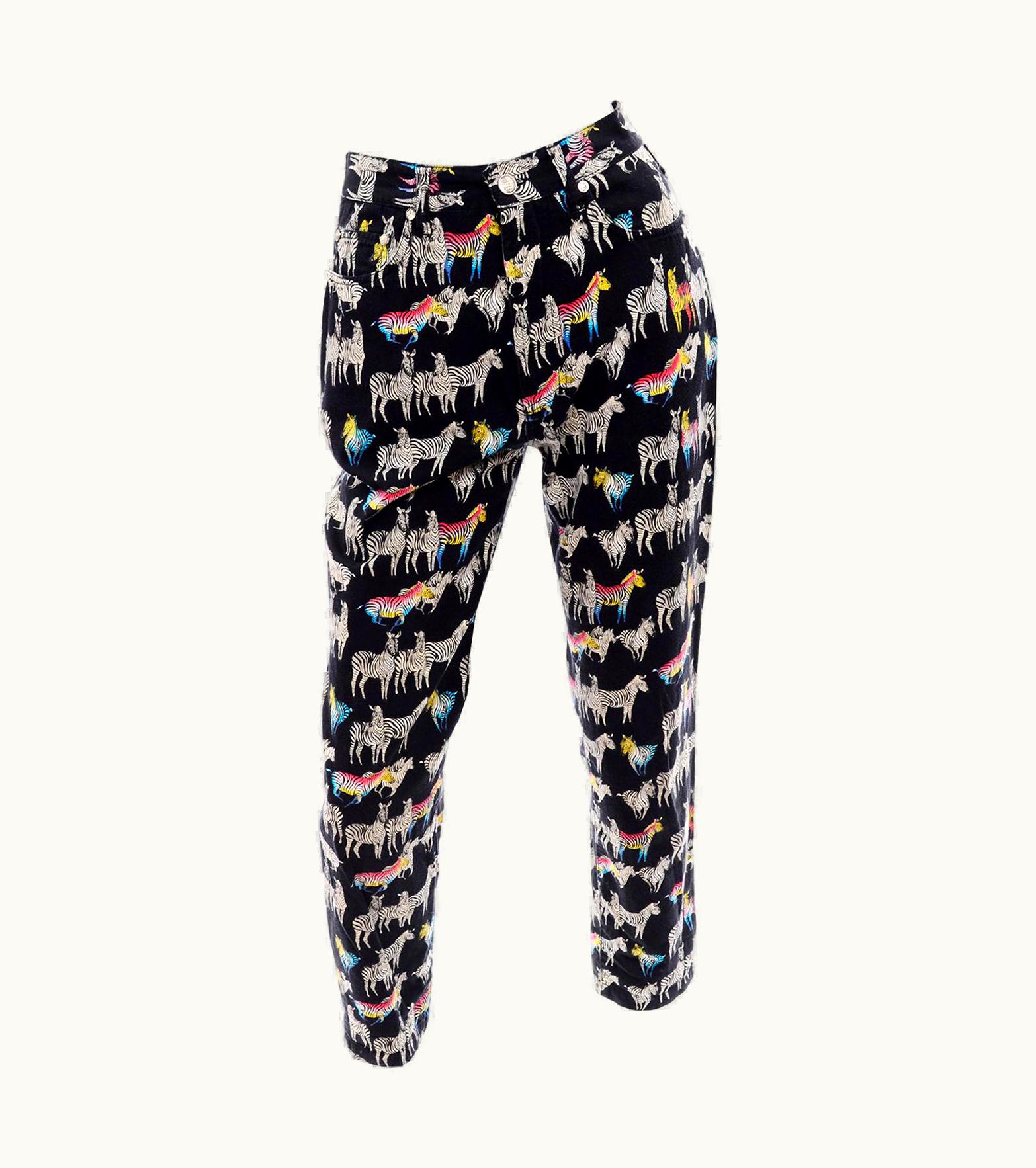 Versace 1990s Vintage Versace Jeans Couture Black Pants In Ombre Rainbow Zebra Print