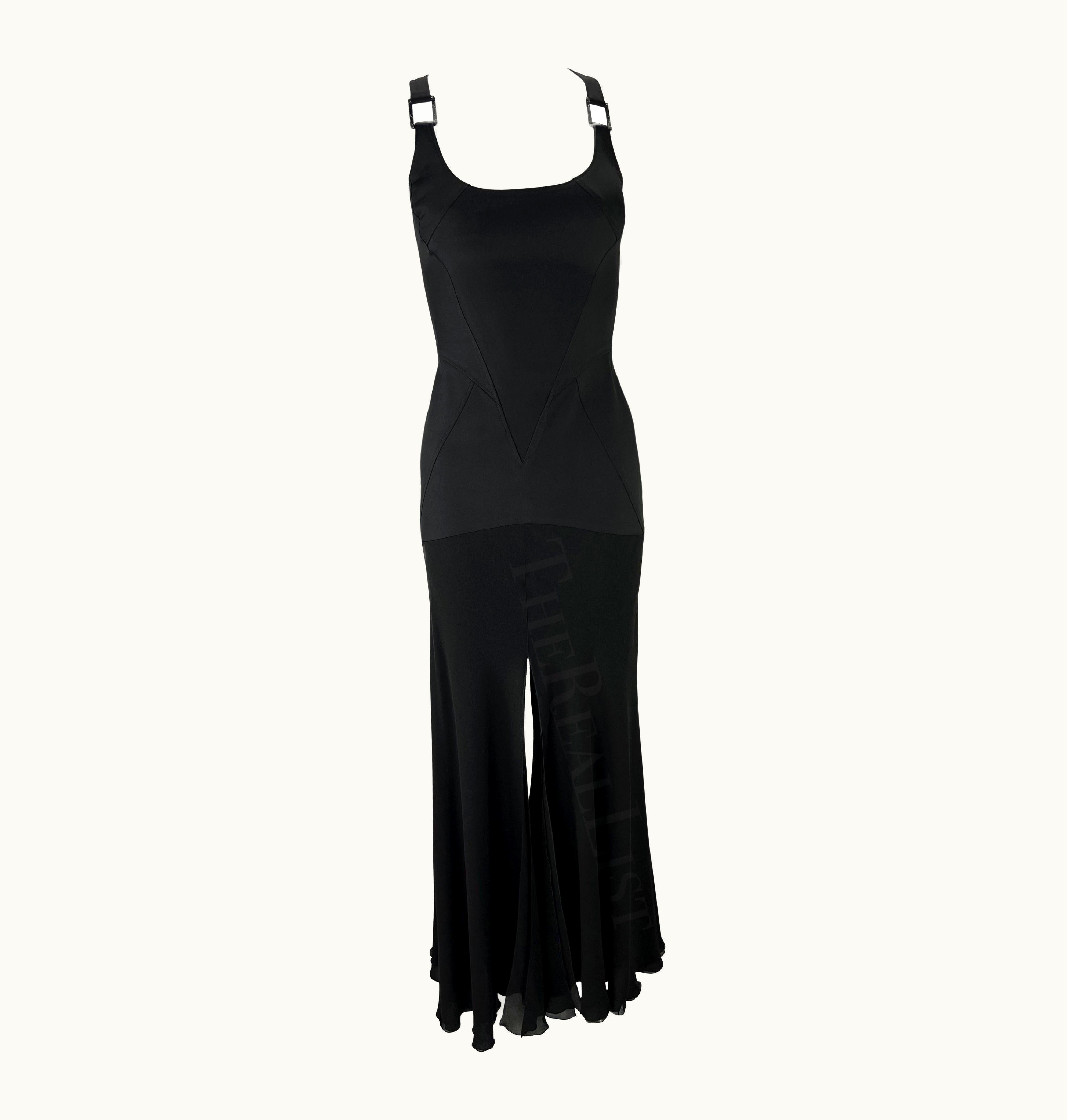 Versace AW 2003 Versace By Donatella Black Buckle Flare Slit Maxi Dress