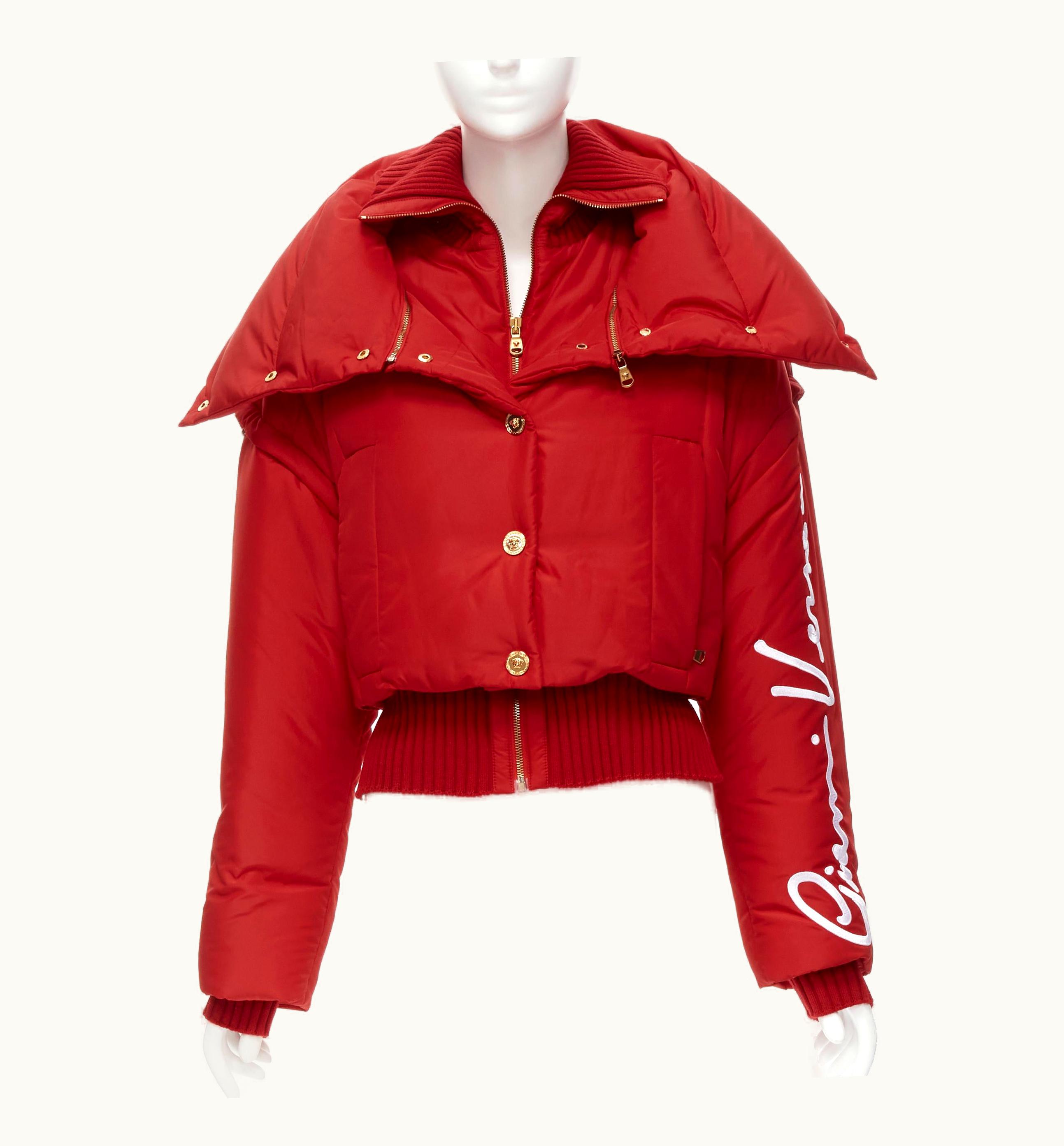 Versace Versace 2020 Runway Gianni Red Goose Down Medusa Cropped Puffer