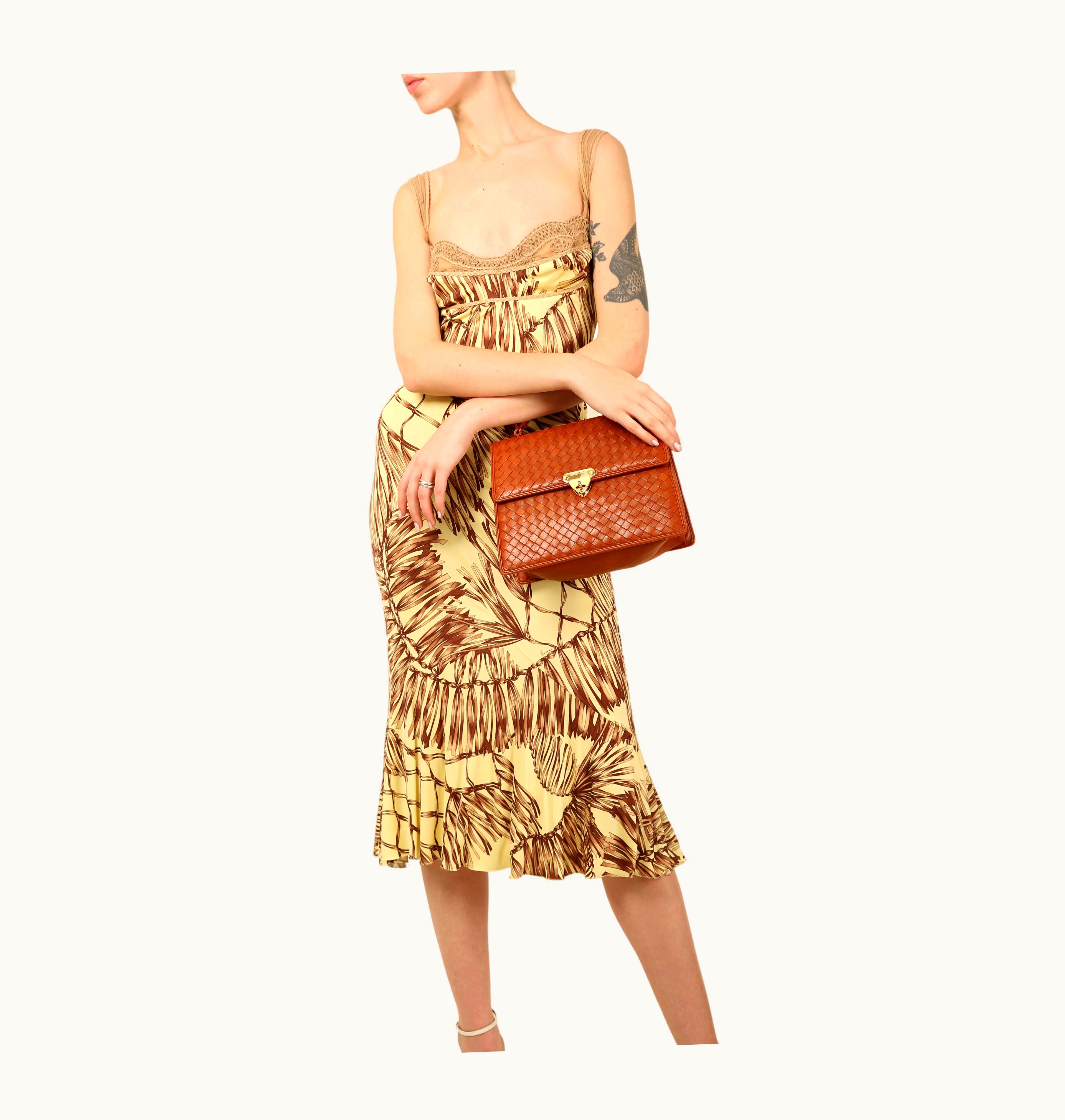 Versace Versace S/S Yellow Brown Leather Silk Sleeveless Bustier Midi Dress It