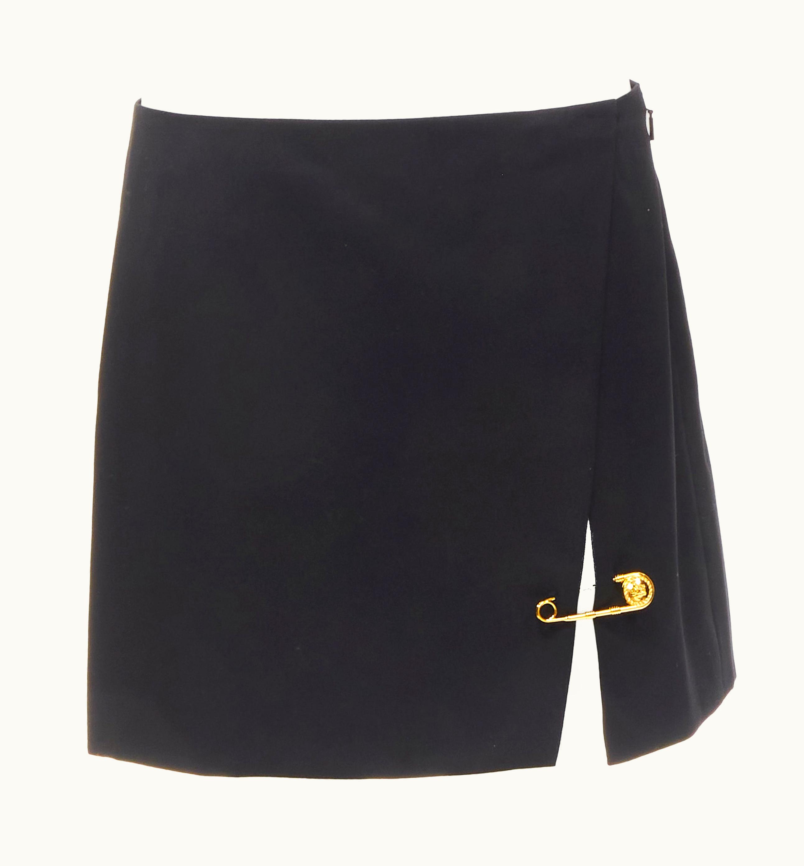 Versace Versace Black Wool Gold Medusa Safety Pin High Slit Mini Skirt