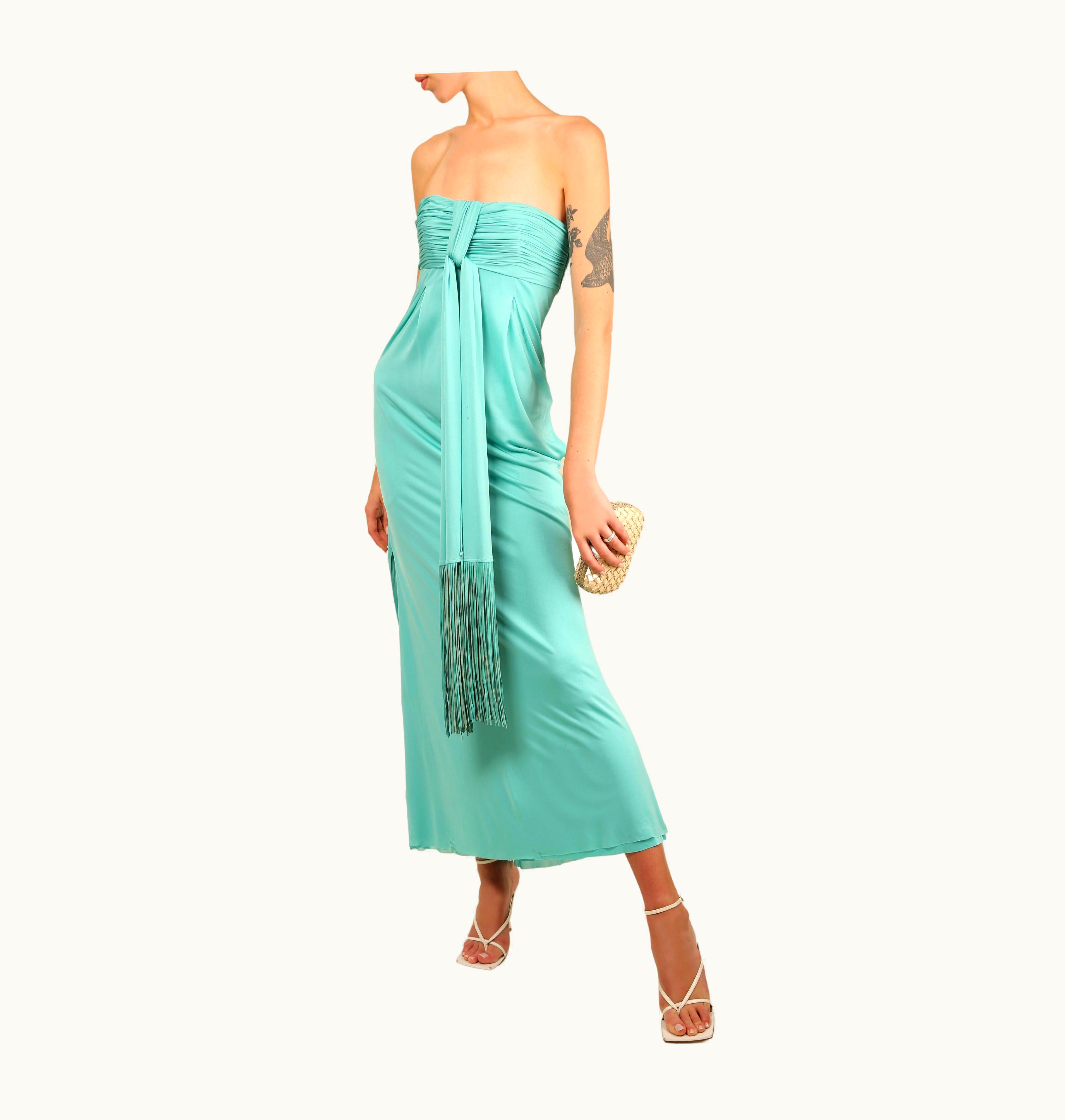 Versace Versace S/S 08 Turquoise Strapless Tassel Fringe Corset Bustier Midi Maxi Dress