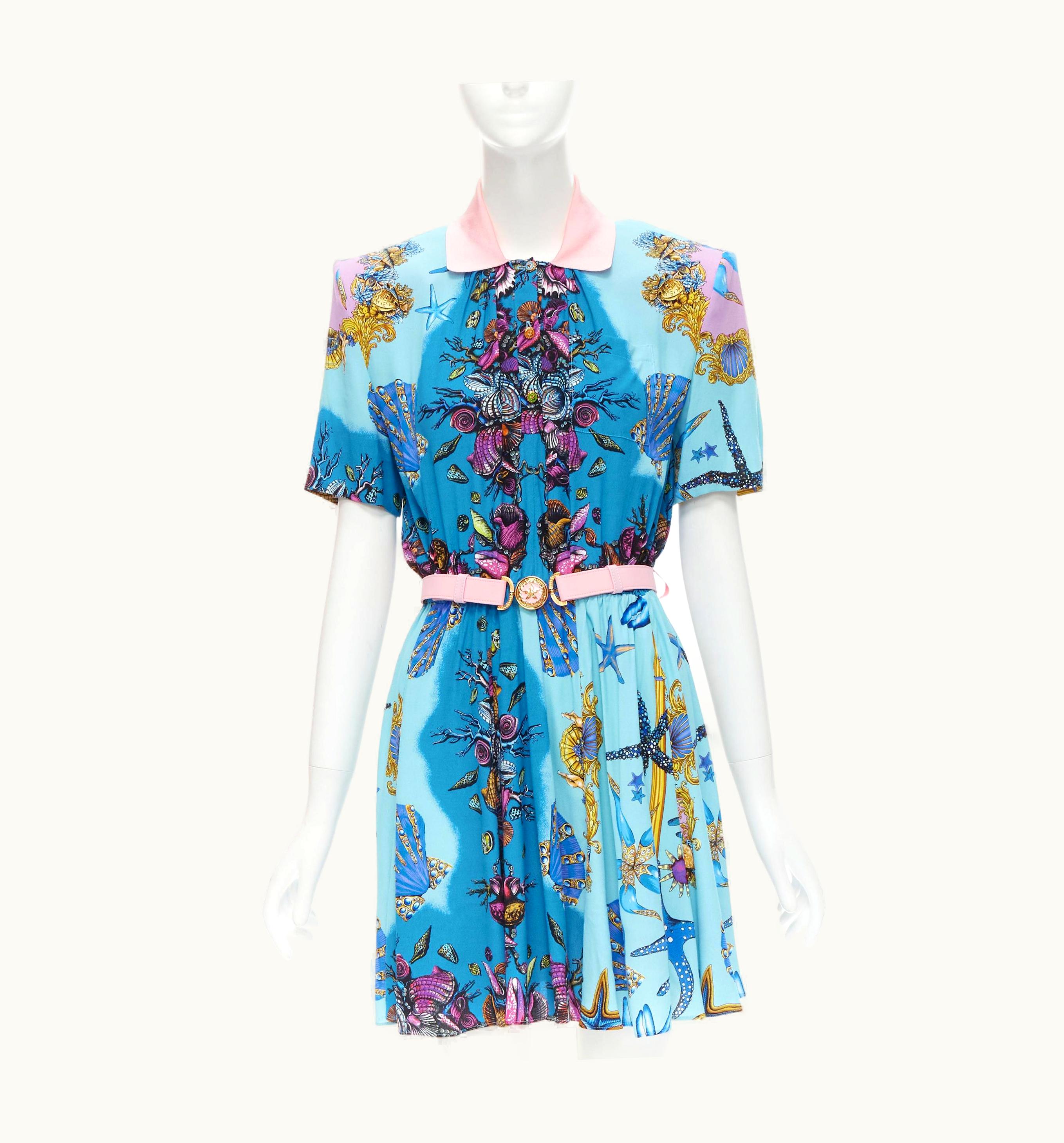 Versace Versace 2021 Tresor De La Mer Blue Print Starfish Belt Dress