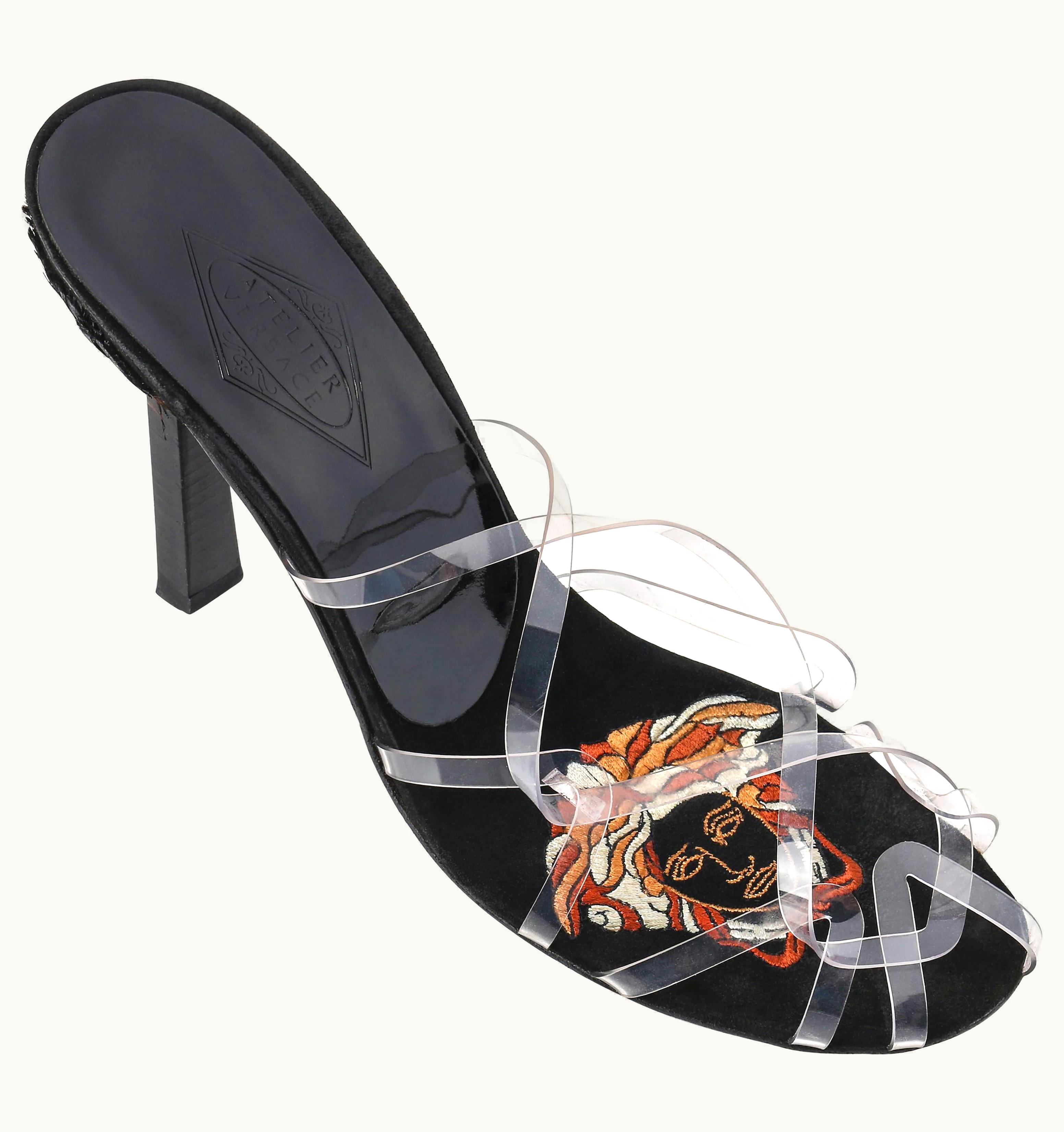 Versace Atelier Versace Black Clear Criss Cross Medusa Peacock Feather Heels