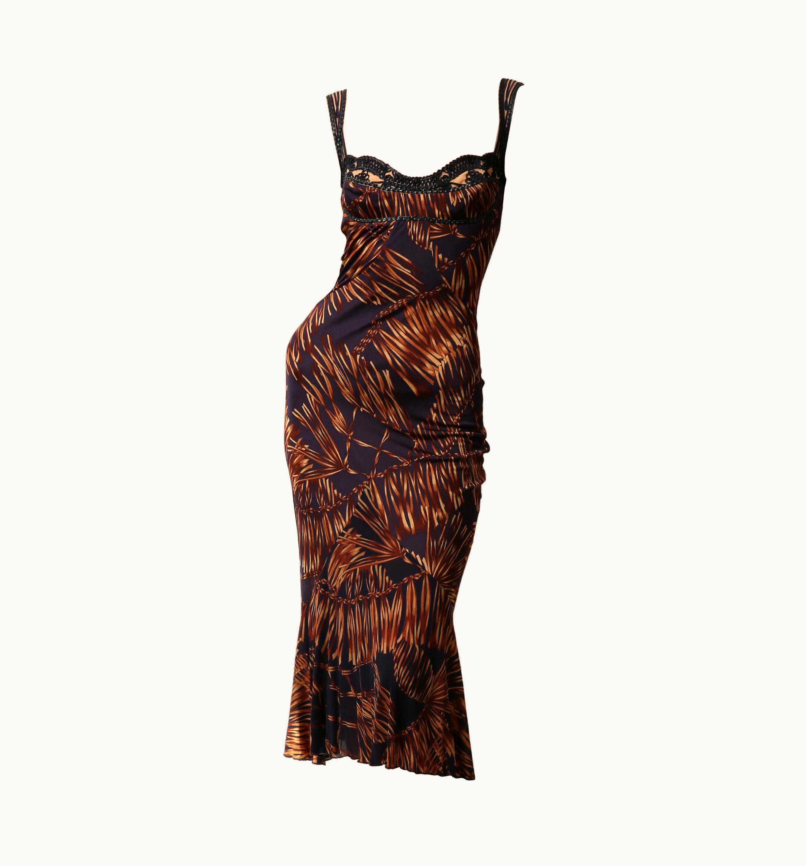 Versace Versace Spring 06 Blue Brown Leather Silk Sleeveless Bustier Midi Dress It