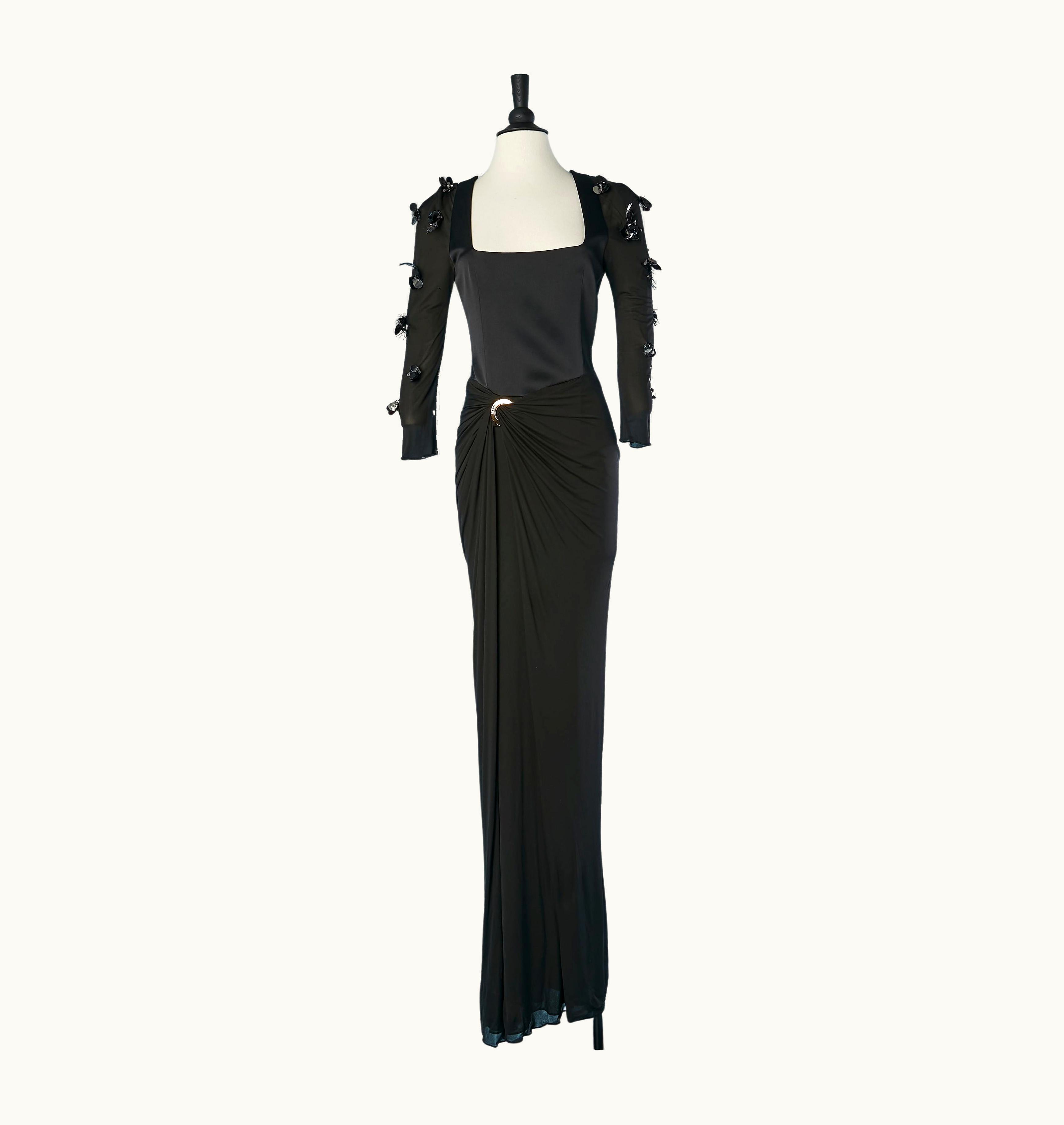 Versace Black Silk And Jersey Evening Gown With Embroideries On The Sleeves Versace