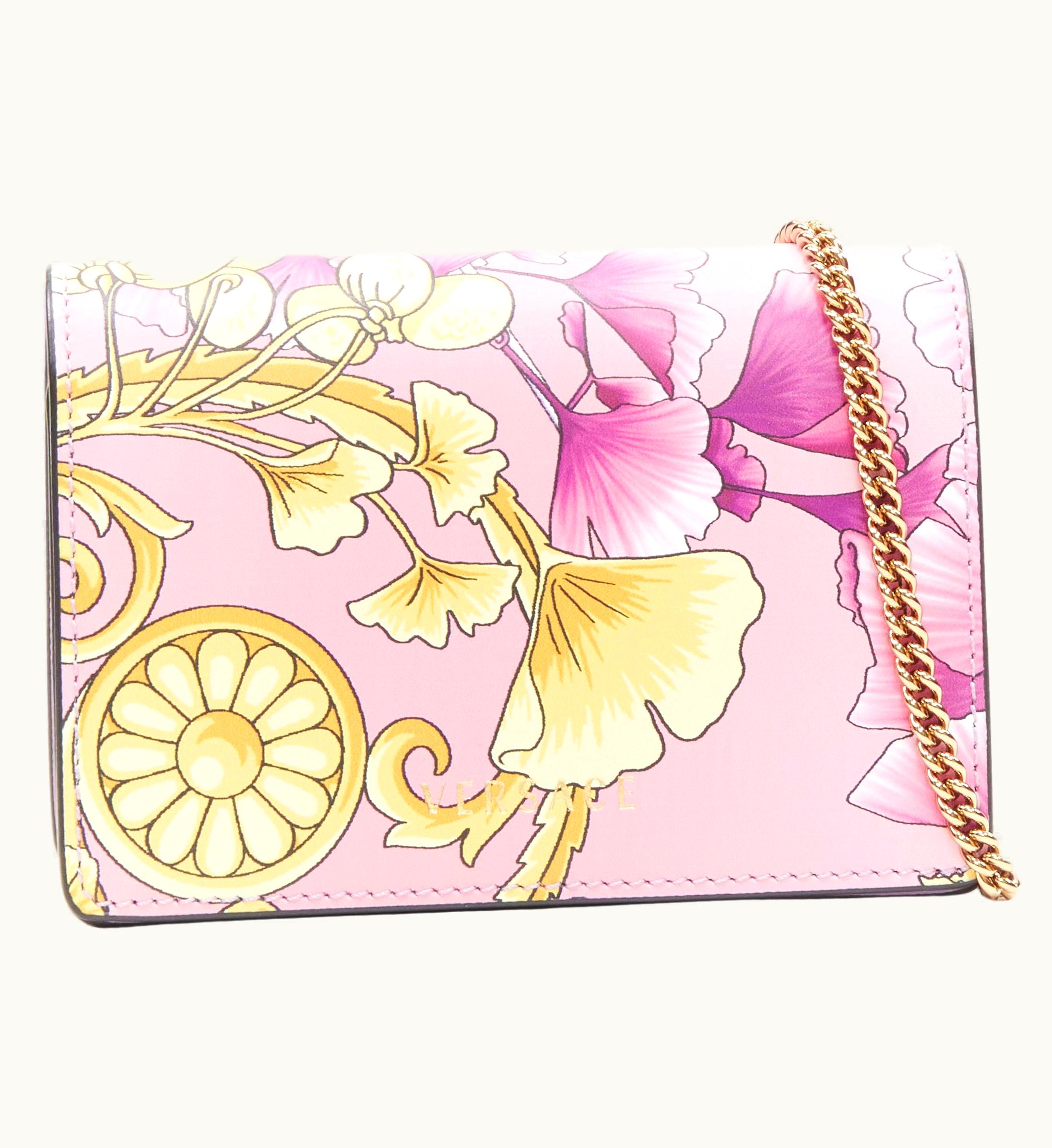 Versace Versace Gingko Barocco Pink Gold Floral Leather Wallet On Chain Micro Bag