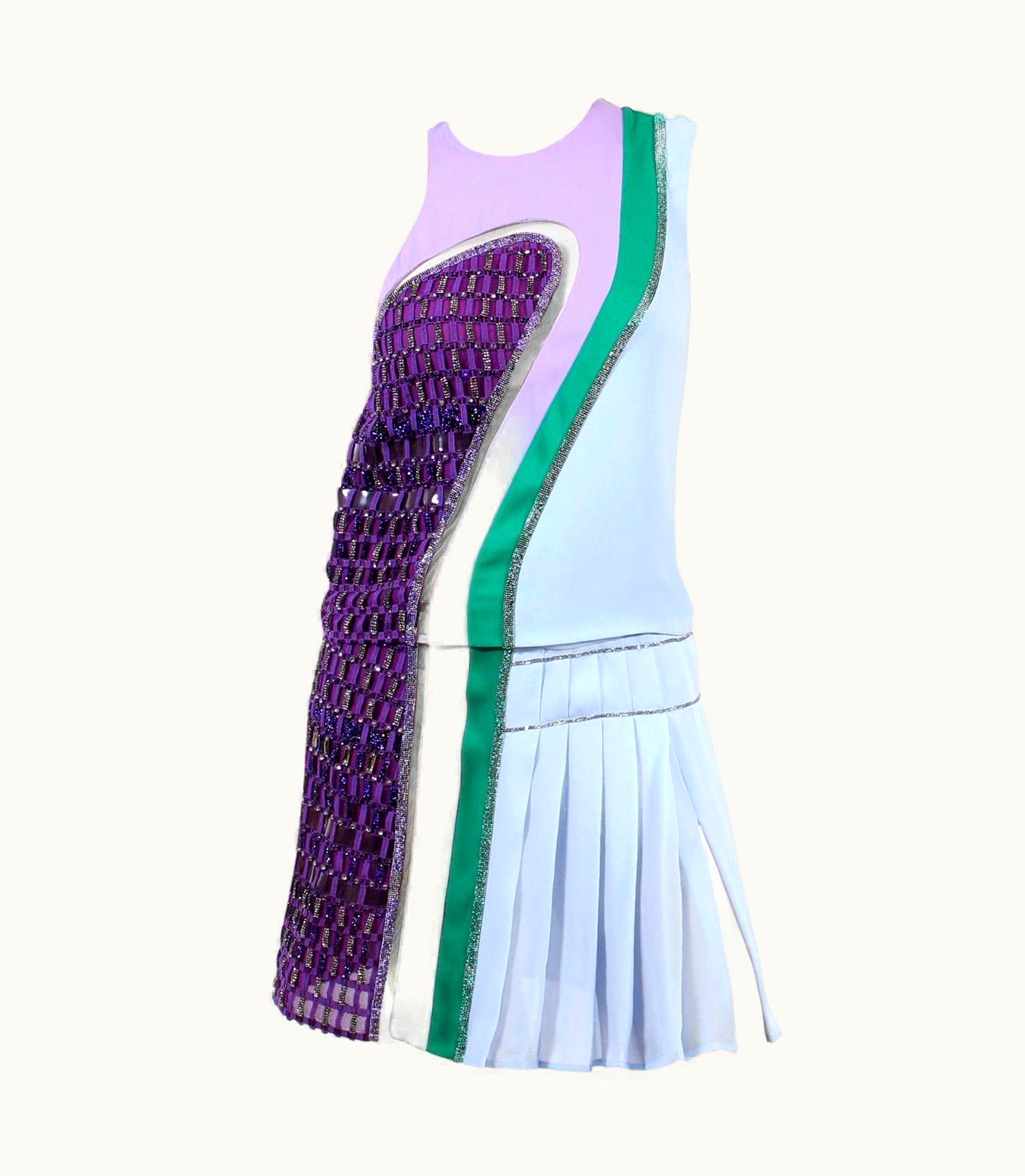 Versace //2017 Versace Silk Blue Purple And Green Rhinestone Embellished Skirt Suit