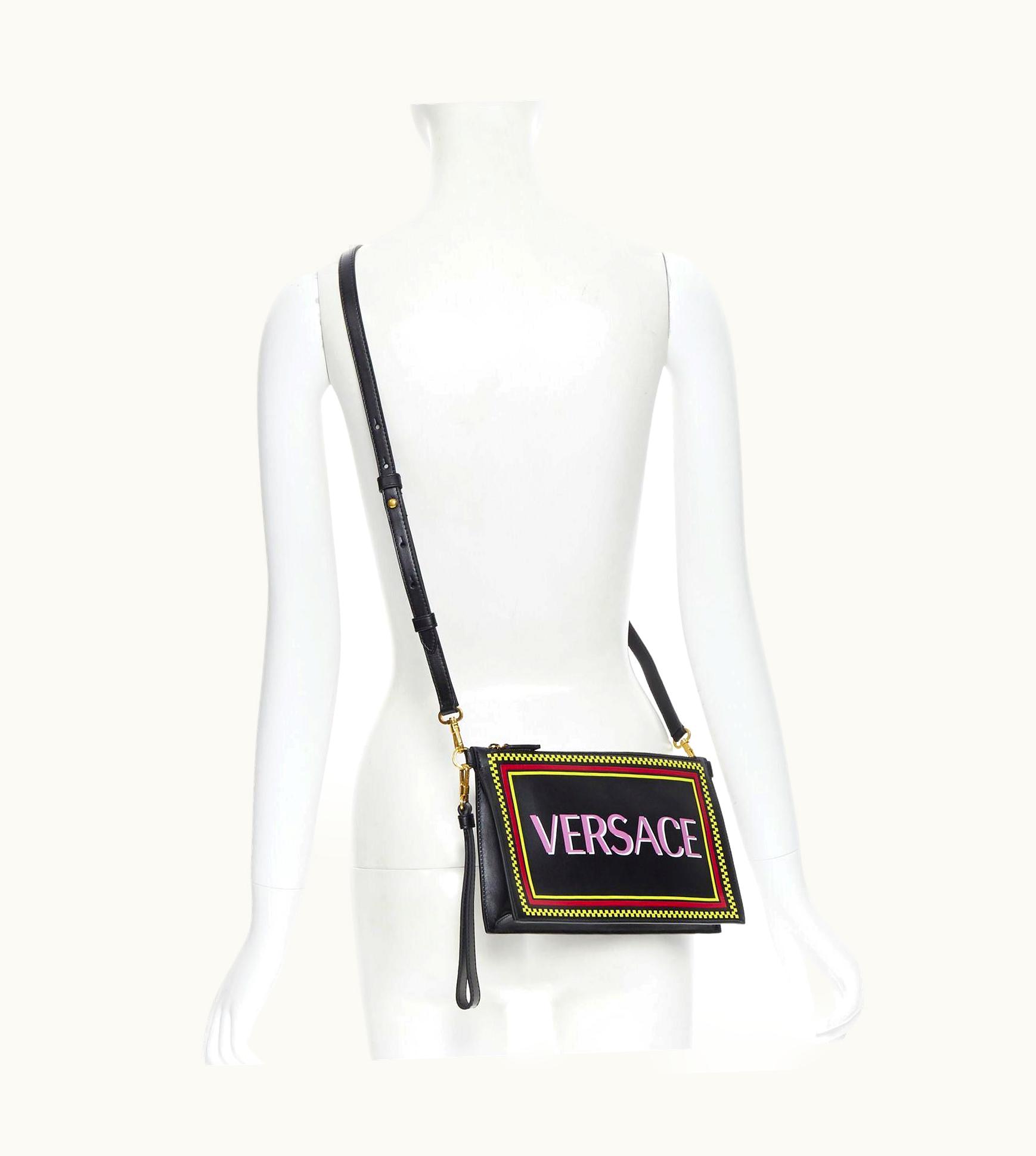 Versace Versace 1990' Vintage Logo Black Calf Zip Pouch Crossbody Clutch Bag
