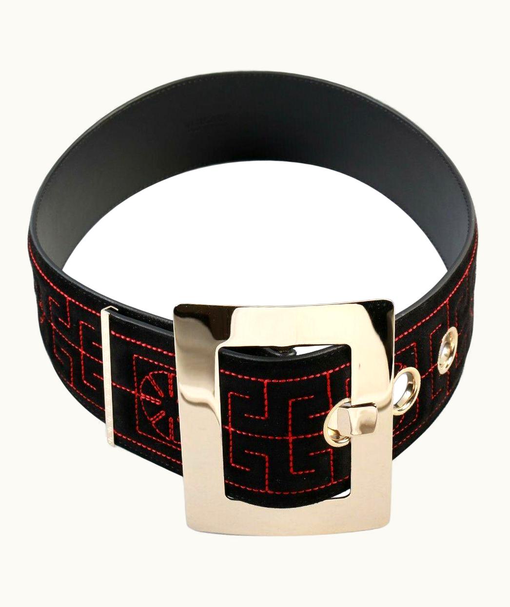 Versace Versace Square Buckle Black Embroidered Greek Suede Belt For Women 65/26