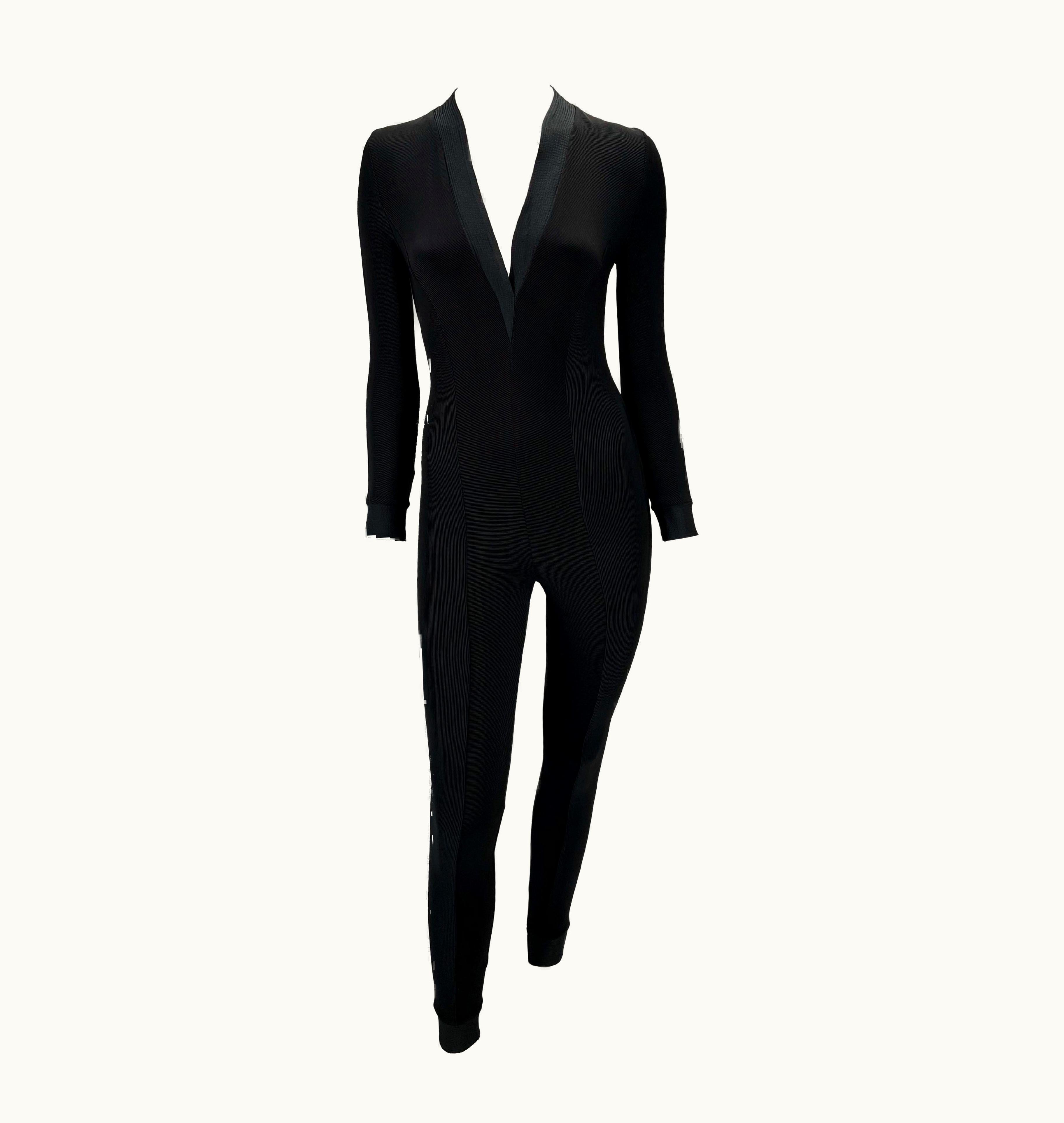 Gianni Versace Couture S/S 1992 Gianni Versace Couture Black Ribbed Stretch Plunging Catsuit