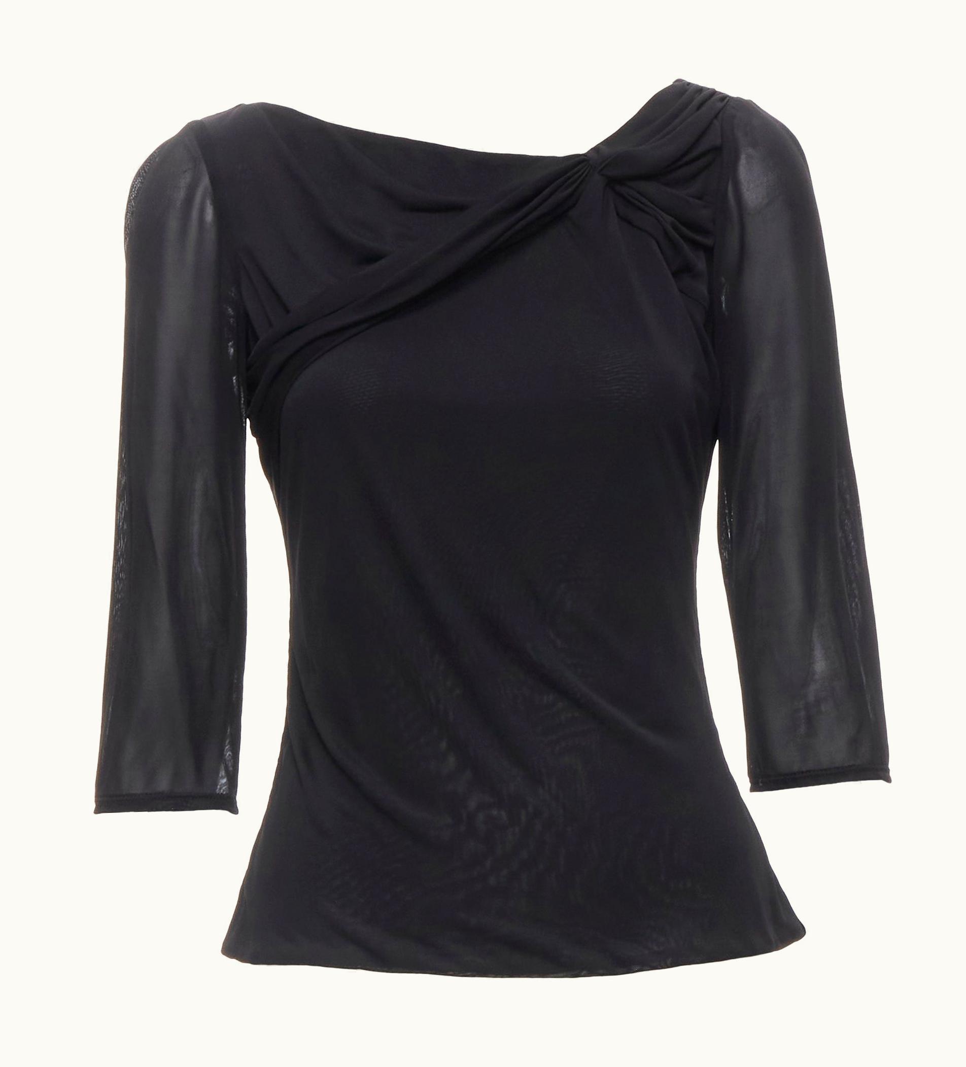Versace Versace Black Viscose Draped Wide Neckline Sheer Sleeve Top